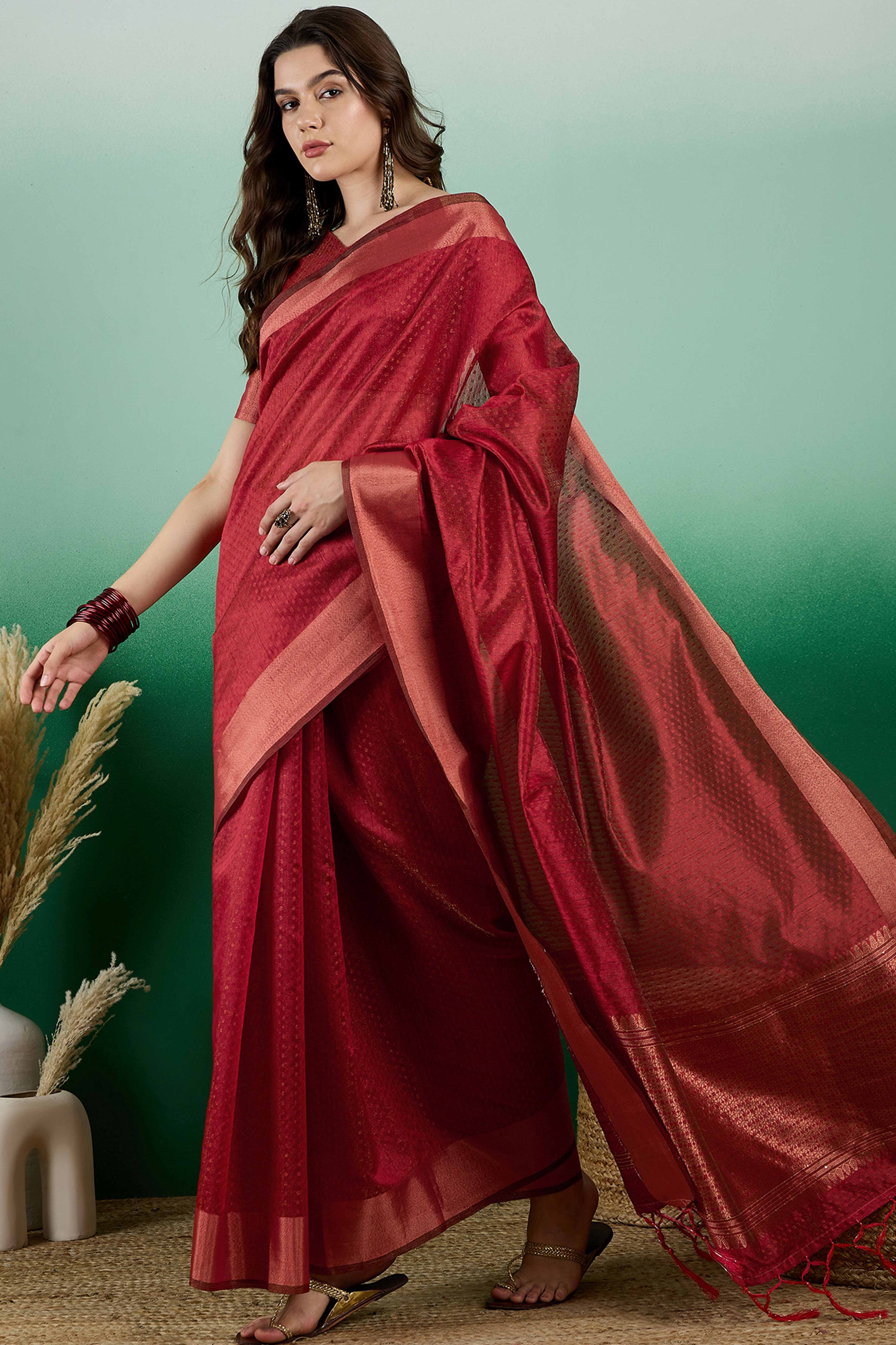 Dark Red Khadi Organza Saree Intricate Weaving & Sparkling Sequins with Tassel Pallu
