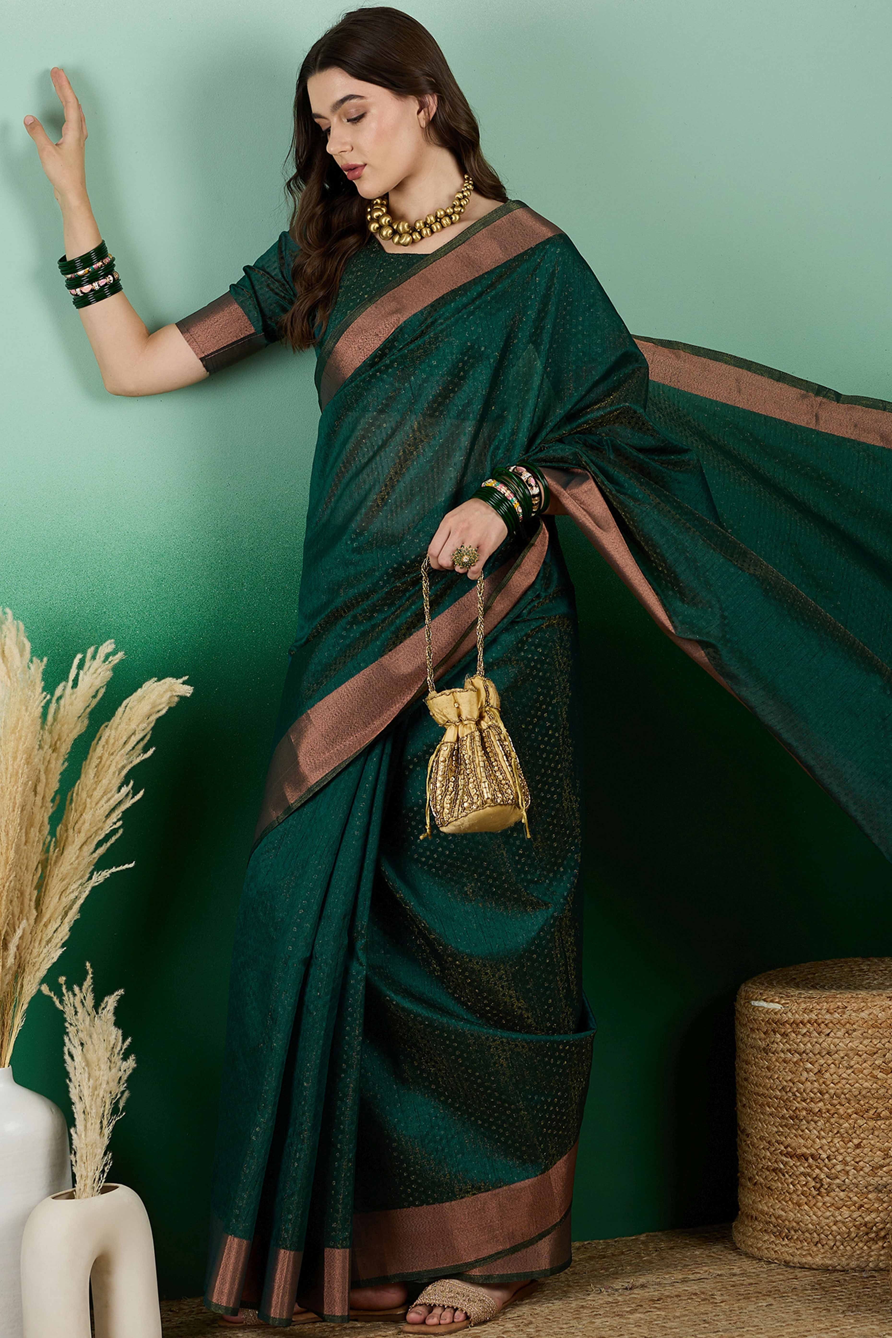 Green Khadi Organza Saree Intricate Weaving & Sparkling Sequins with Tassel Pallu