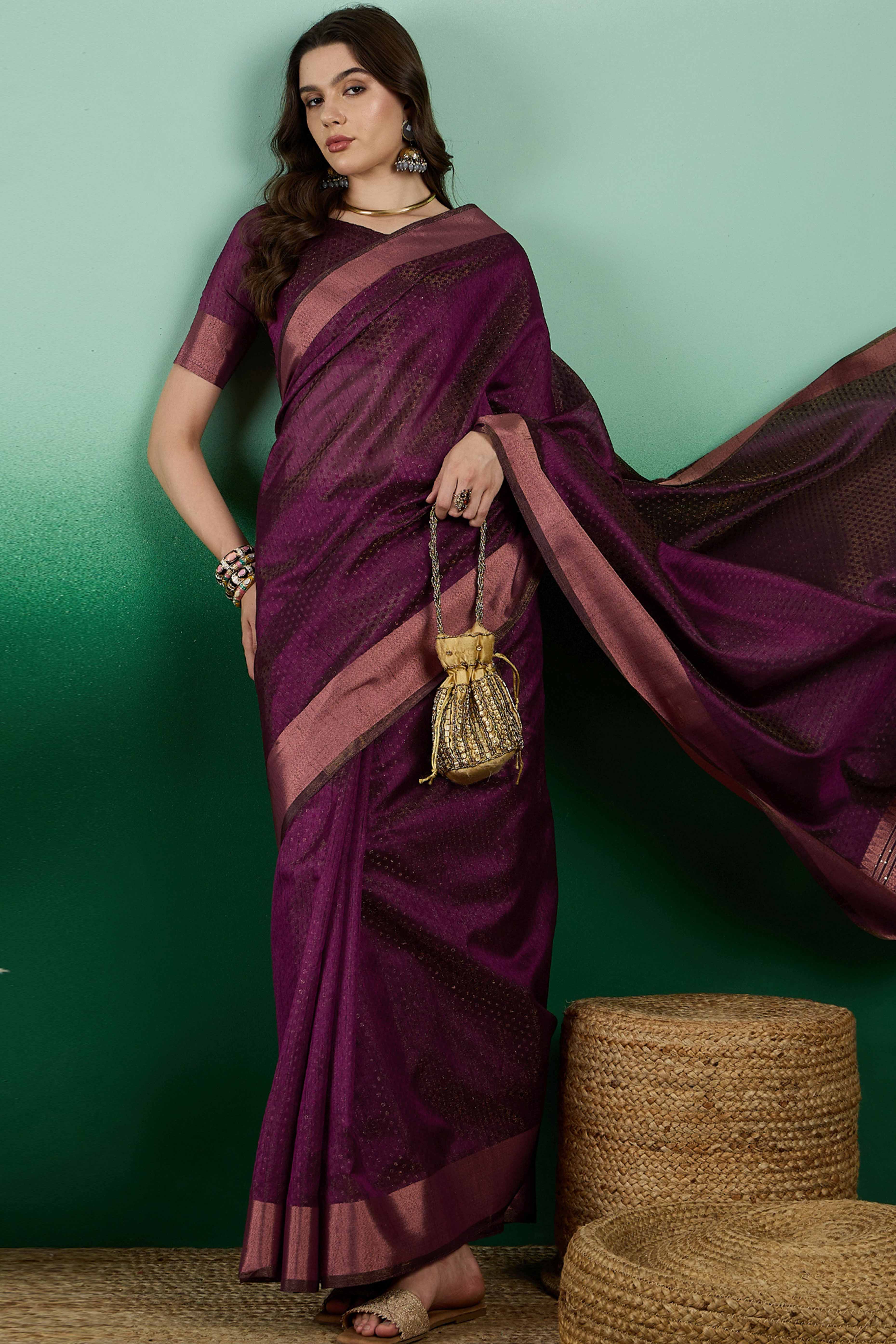 Wine Khadi Organza Saree Intricate Weaving & Sparkling Sequins with Tassel Pallu