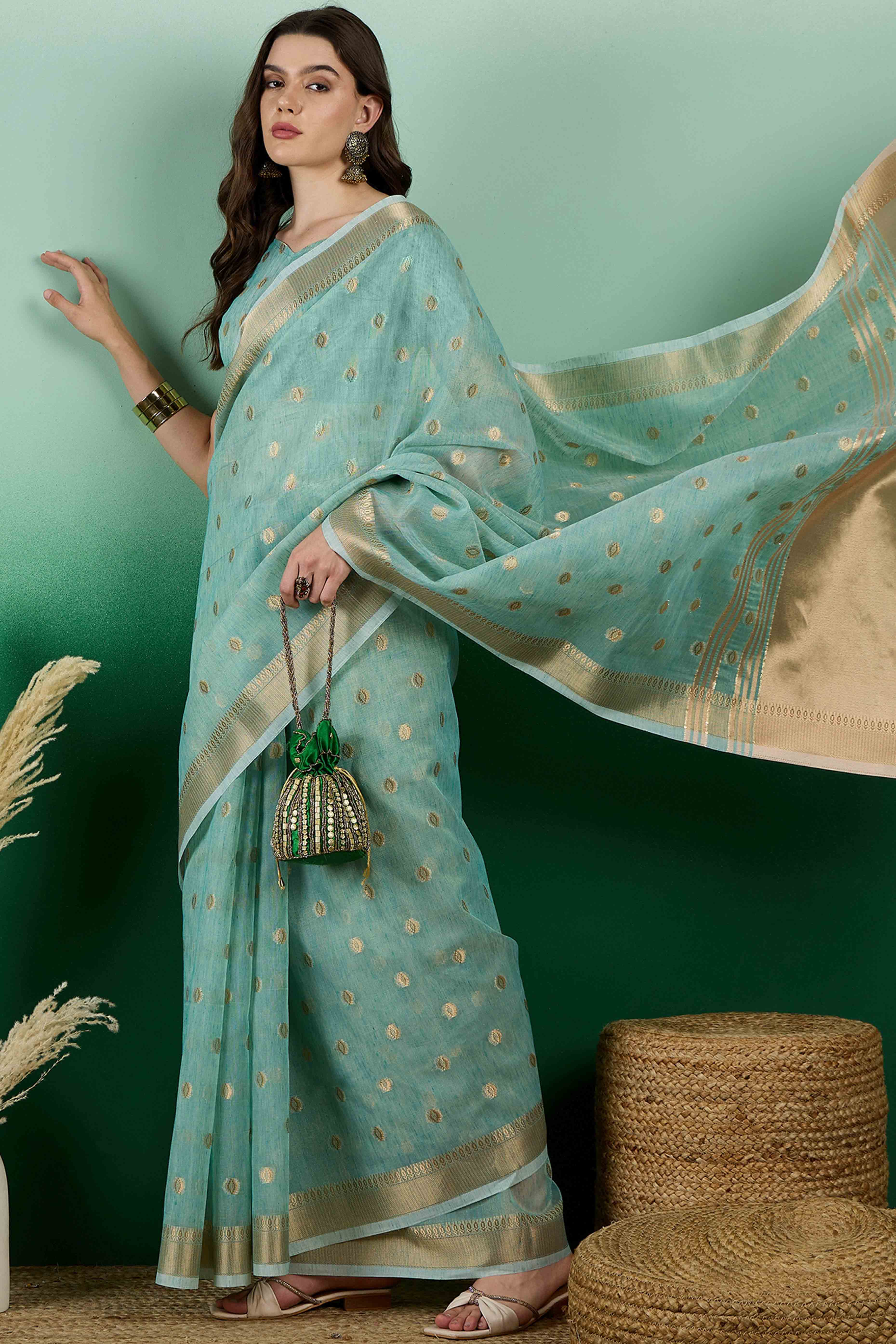 Blue Khadi Organza Saree Embellished With Traditional Zari Work & Tassels