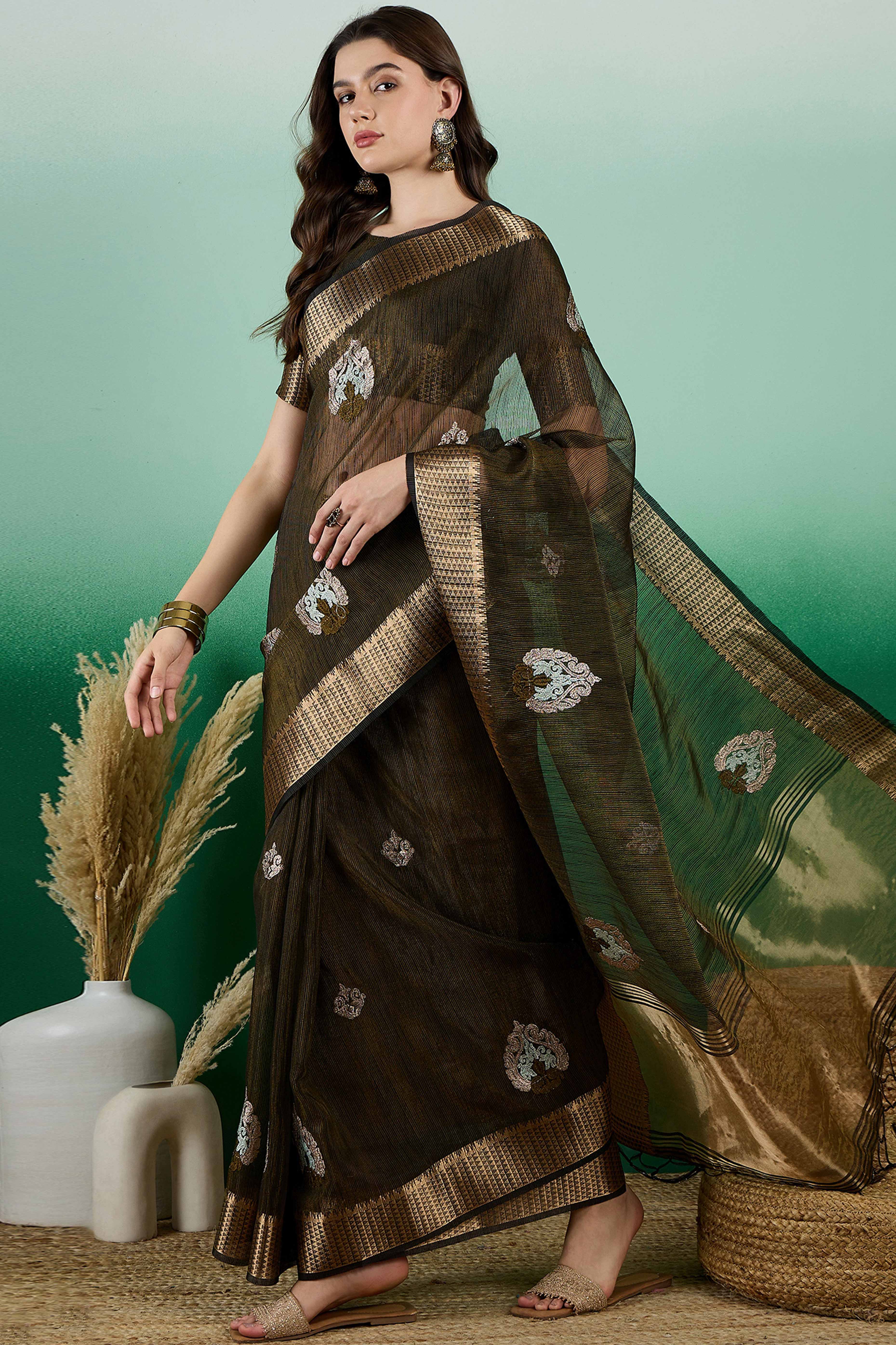 Mehendi Green Khadi Organza Saree Adorned With Elegant Embroidery & Tassel Pallu