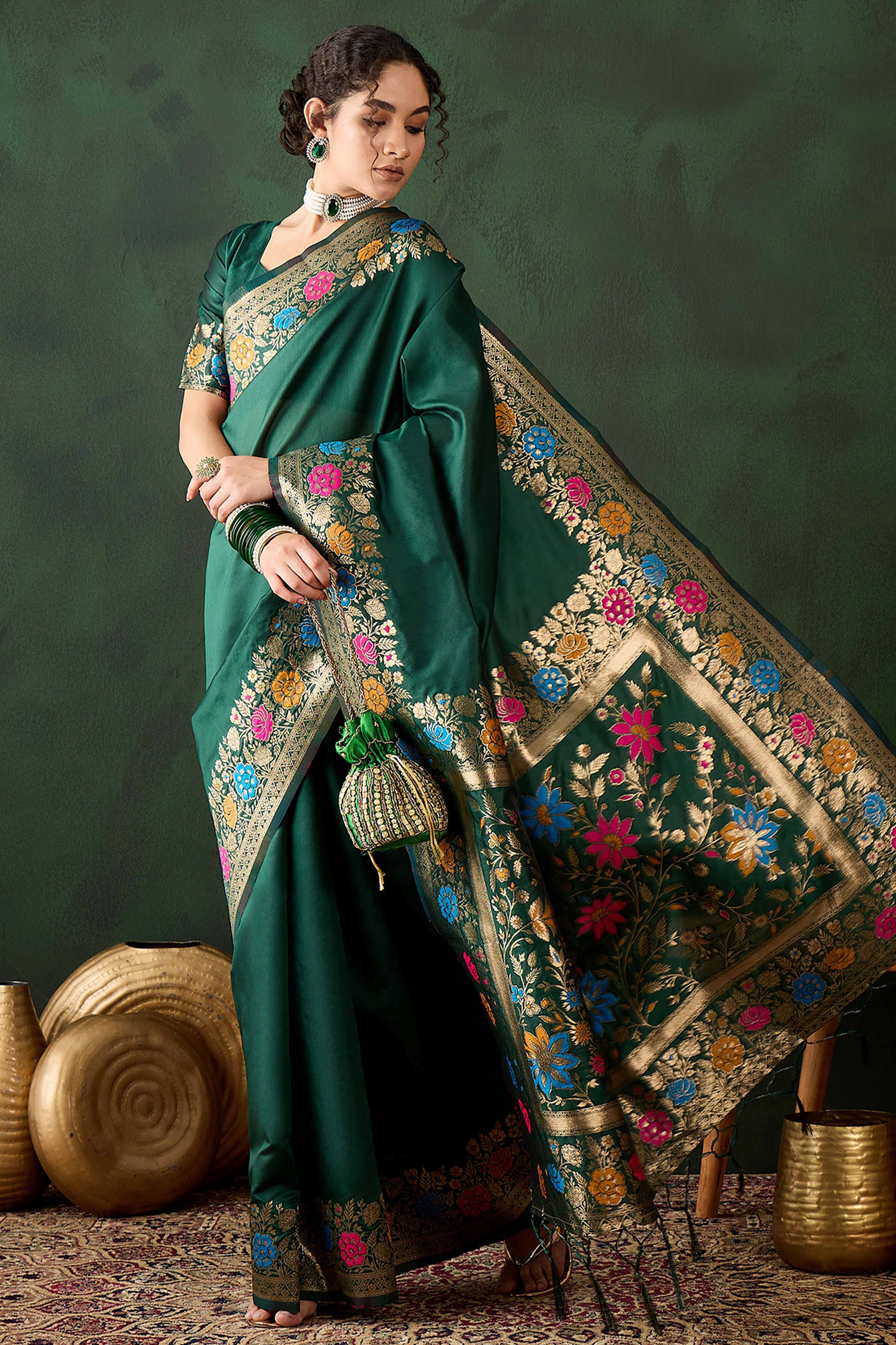 Green Saree In Poly Silk Blend Featuring Floral Zari Weaving & Tassel Accents