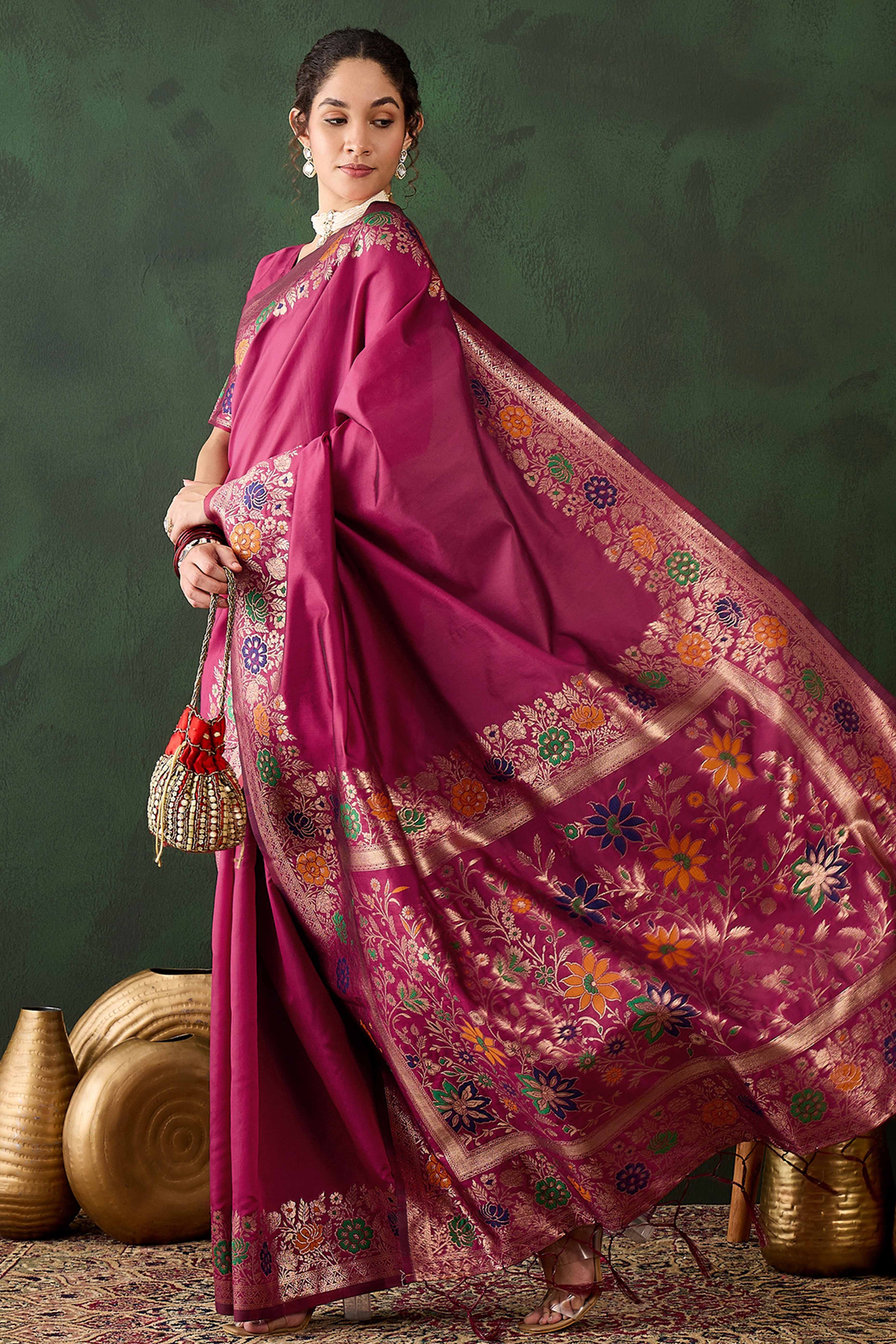 Pink Saree In Poly Silk Blend Featuring Floral Zari Weaving & Tassel Accents