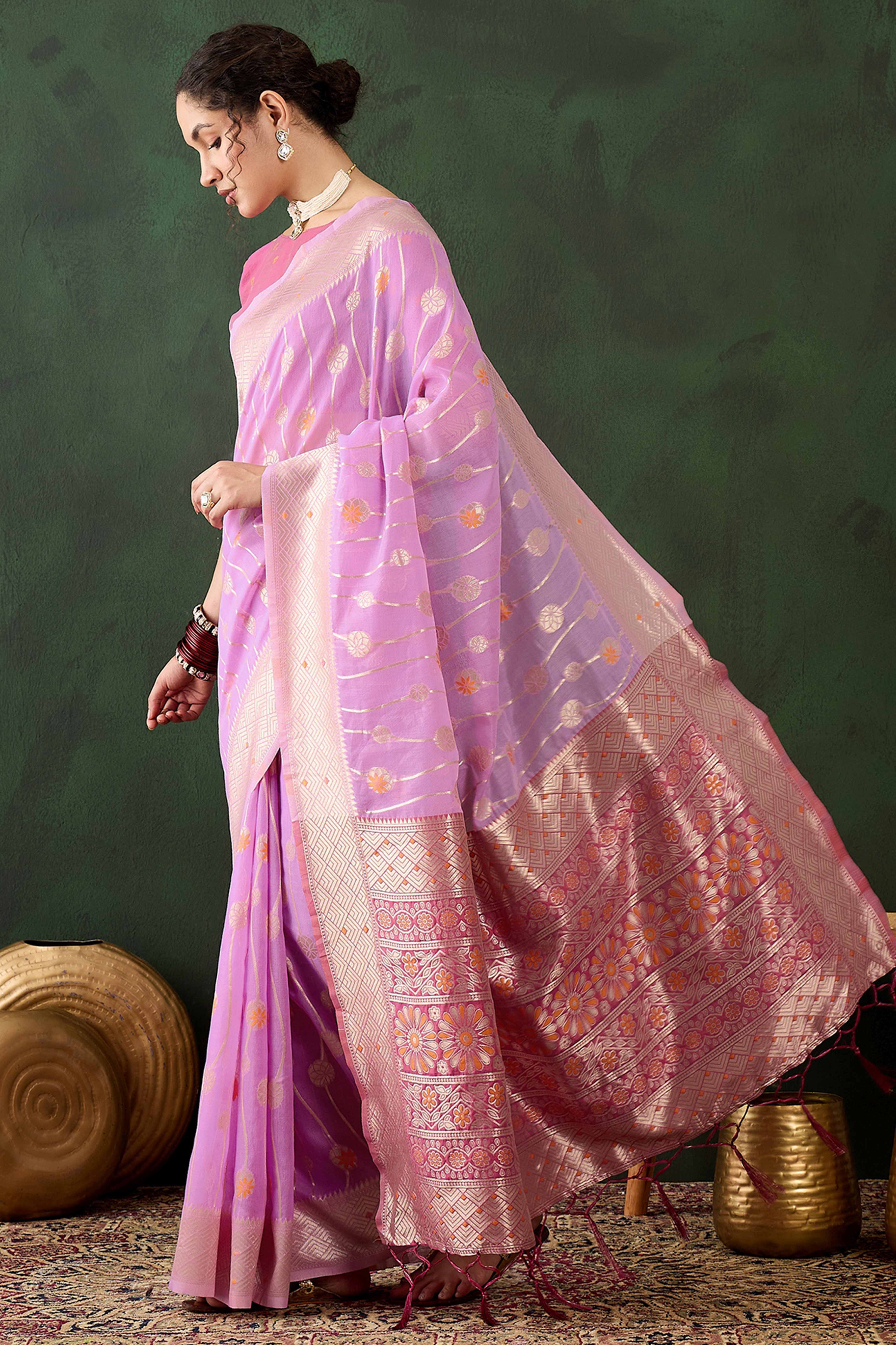 Lavender Cotton Blend Saree Adorned With Intricate Floral Zari Weaving & A Stylish Tassel Pallu