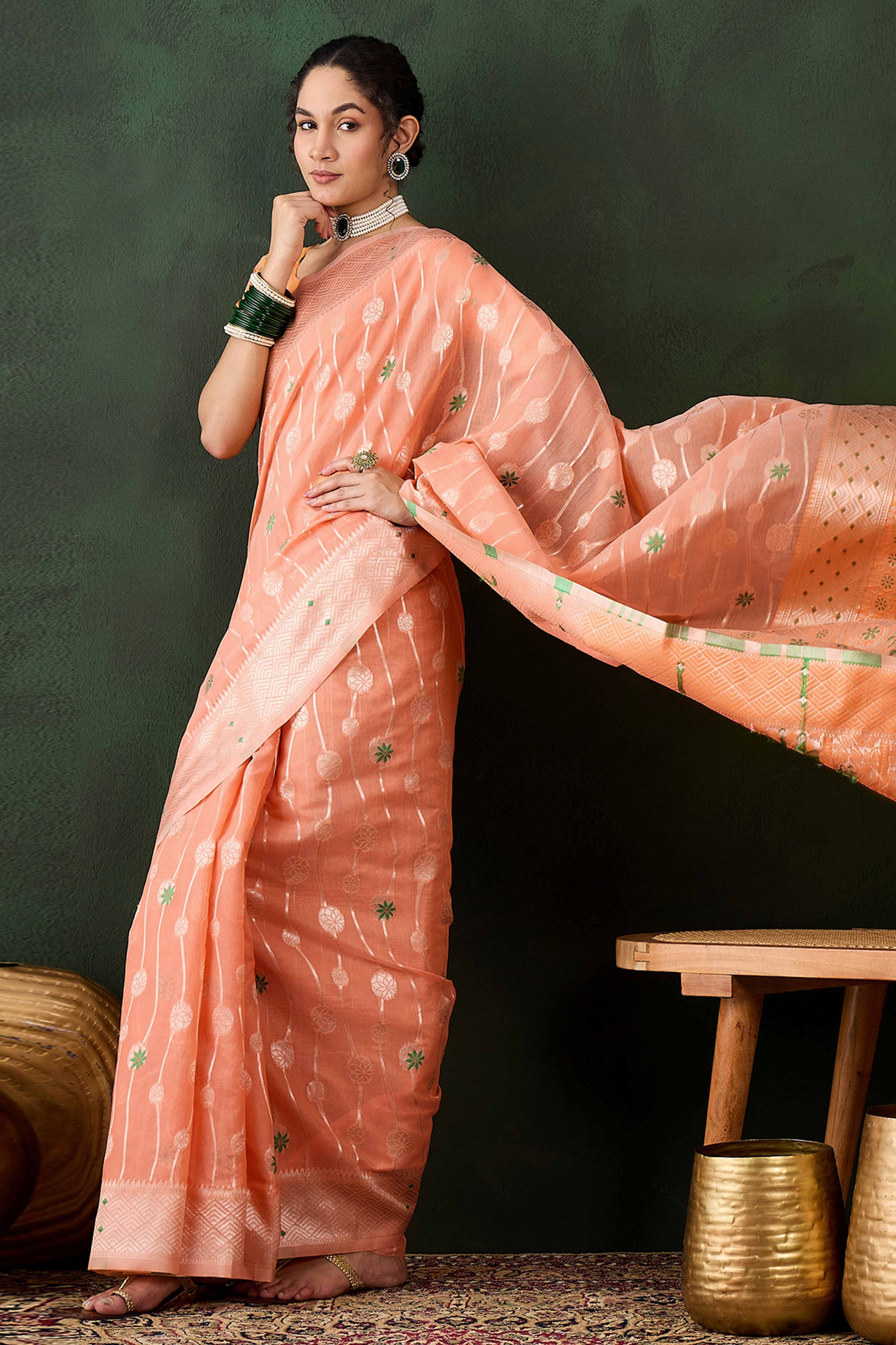 Orange Cotton Blend Saree Adorned With Intricate Floral Zari Weaving & A Stylish Tassel Pallu