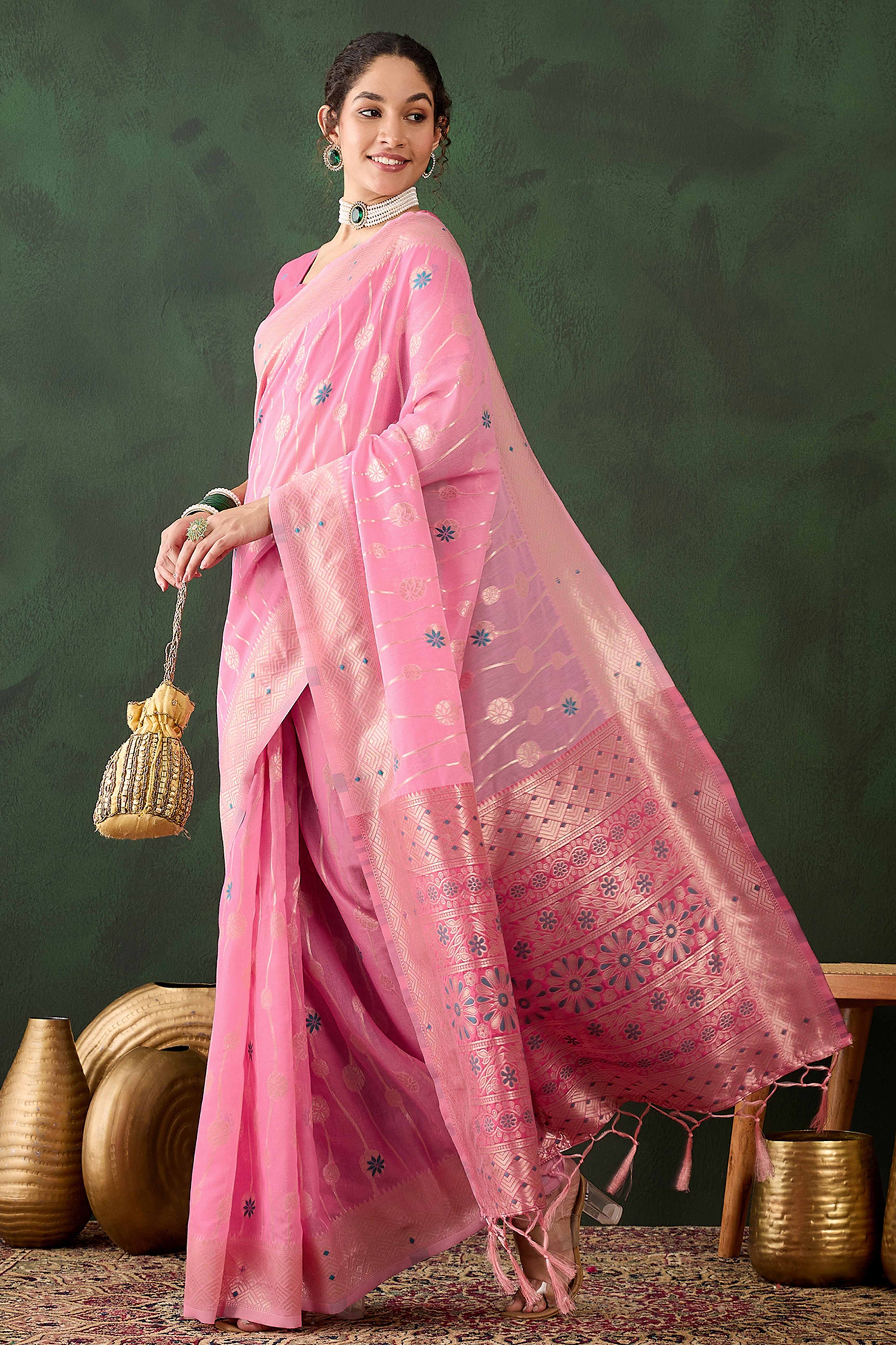 Pink Cotton Blend Saree Adorned With Intricate Floral Zari Weaving & A Stylish Tassel Pallu