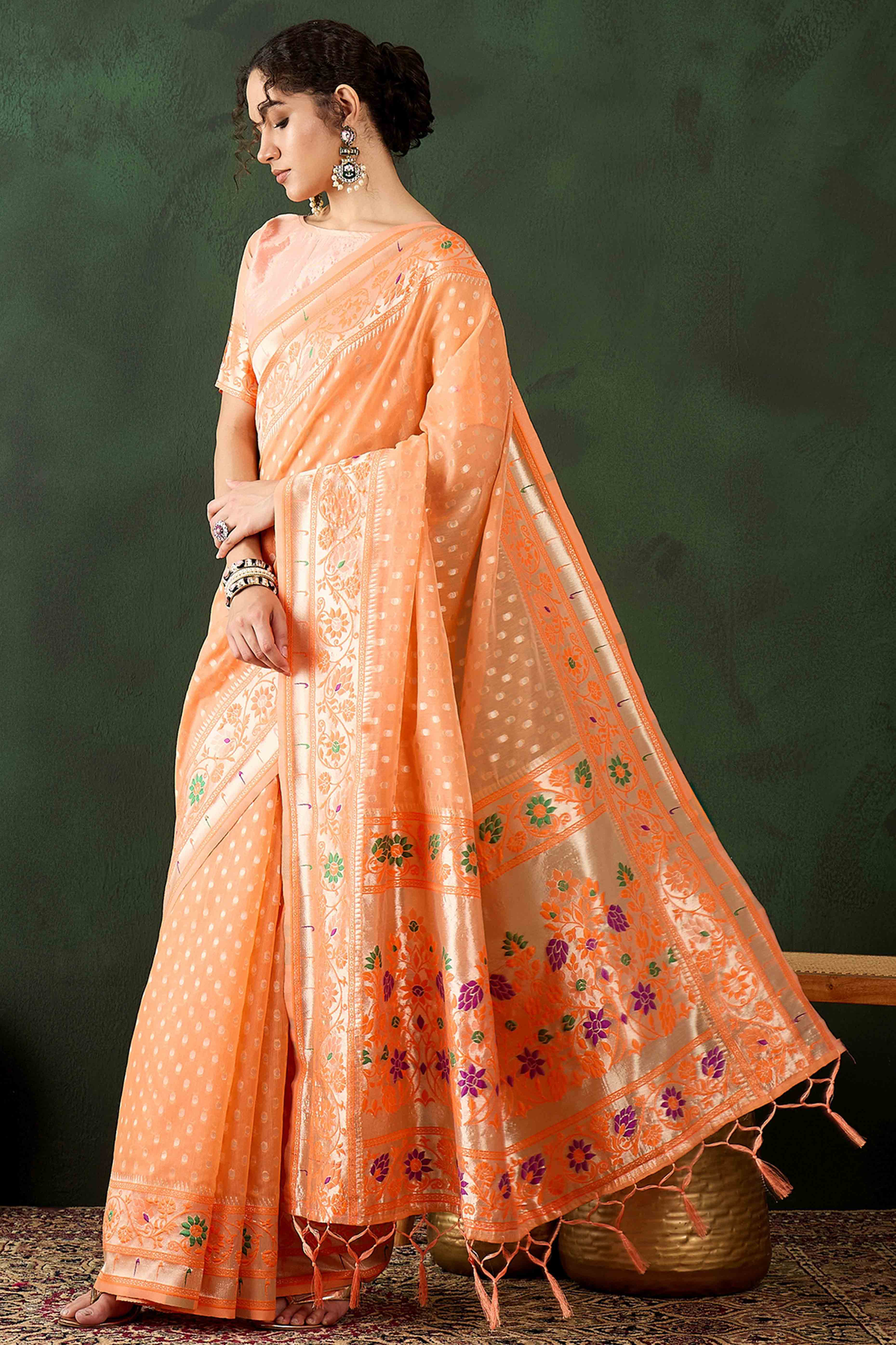 Orange Floral Zari Weaving On Orange Poly Cotton Saree With Tasselled Borders