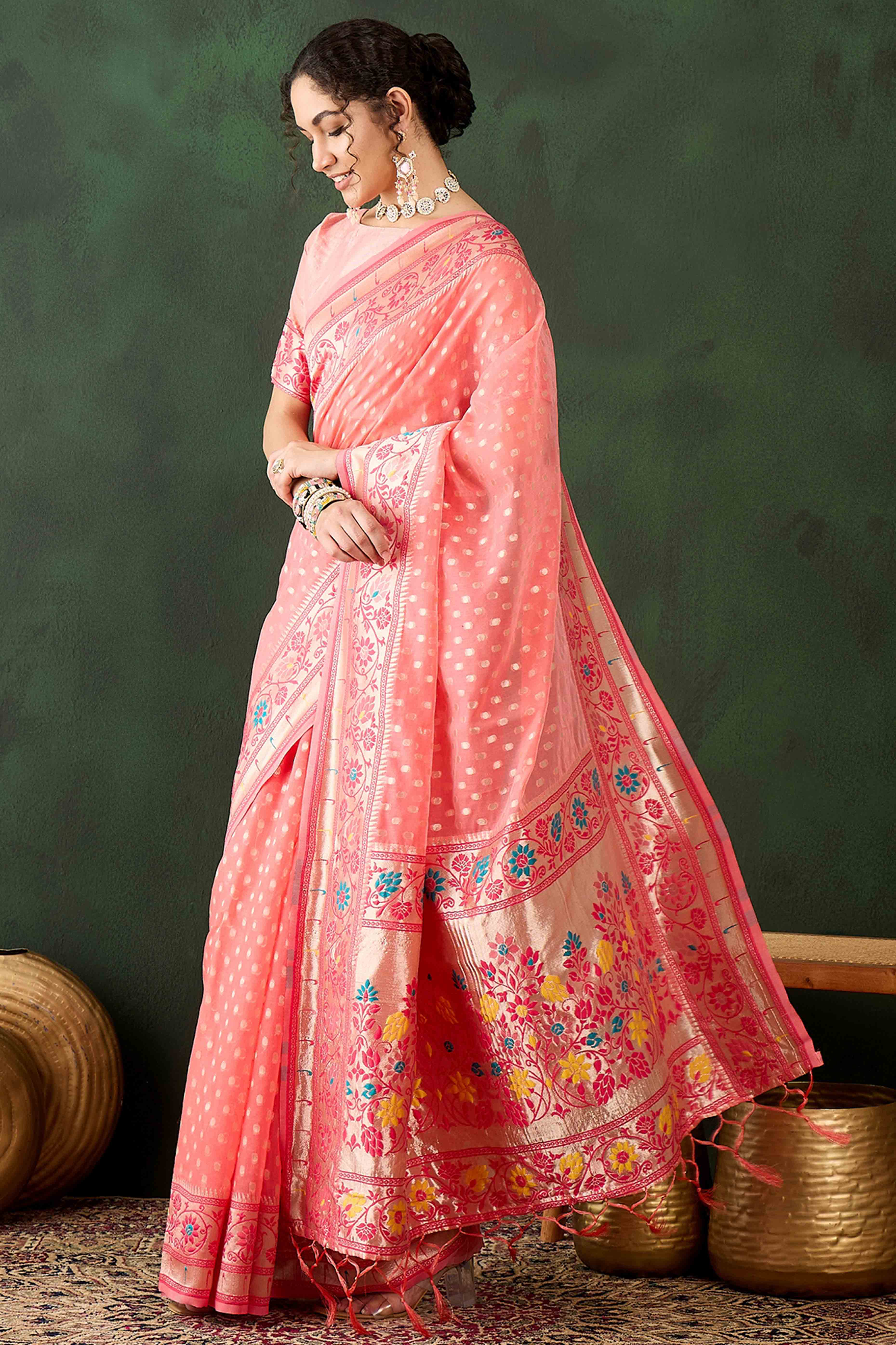 Peach Floral Zari Weaving On Orange Poly Cotton Saree With Tasselled Borders