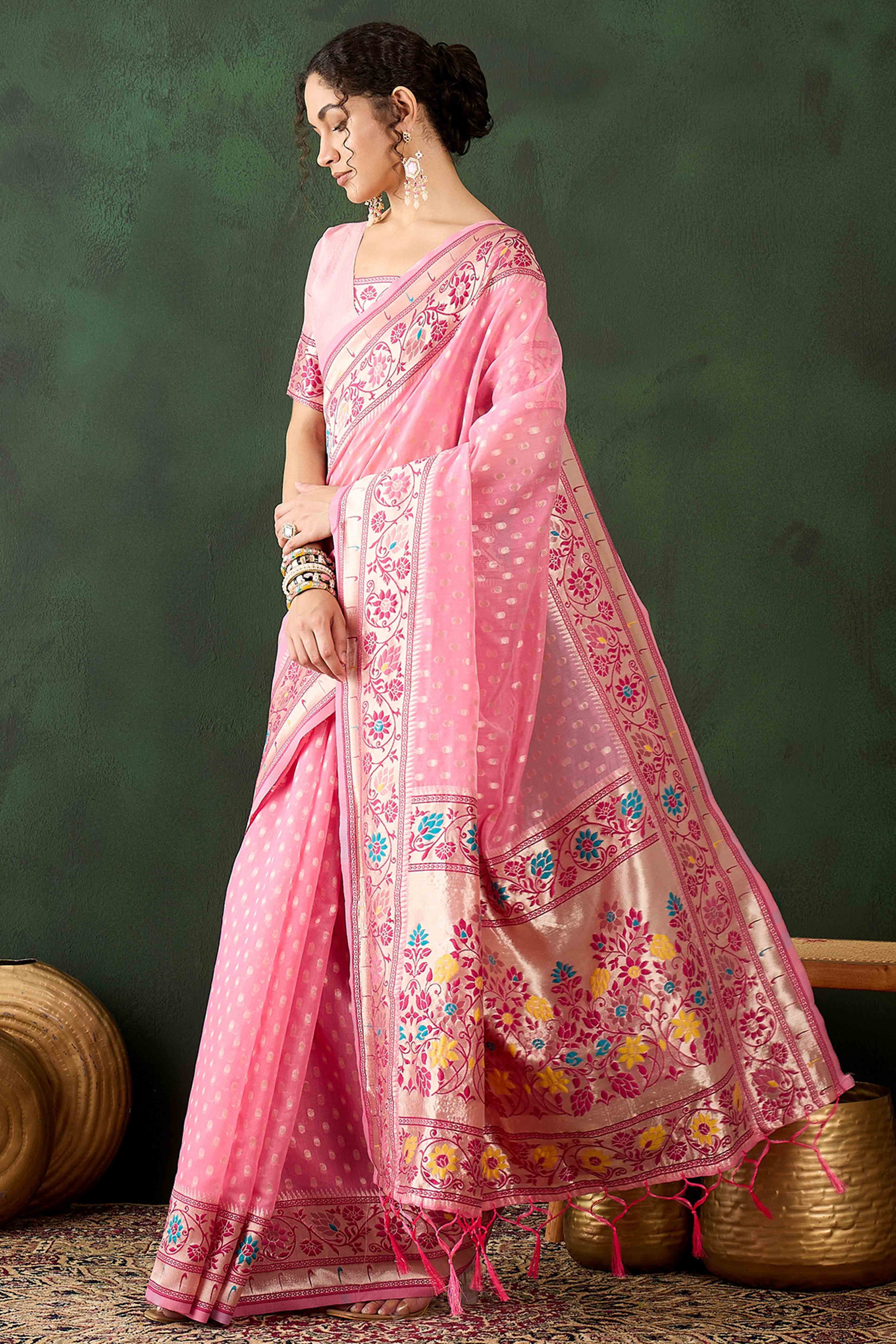 Pink Floral Zari Weaving On Orange Poly Cotton Saree With Tasselled Borders