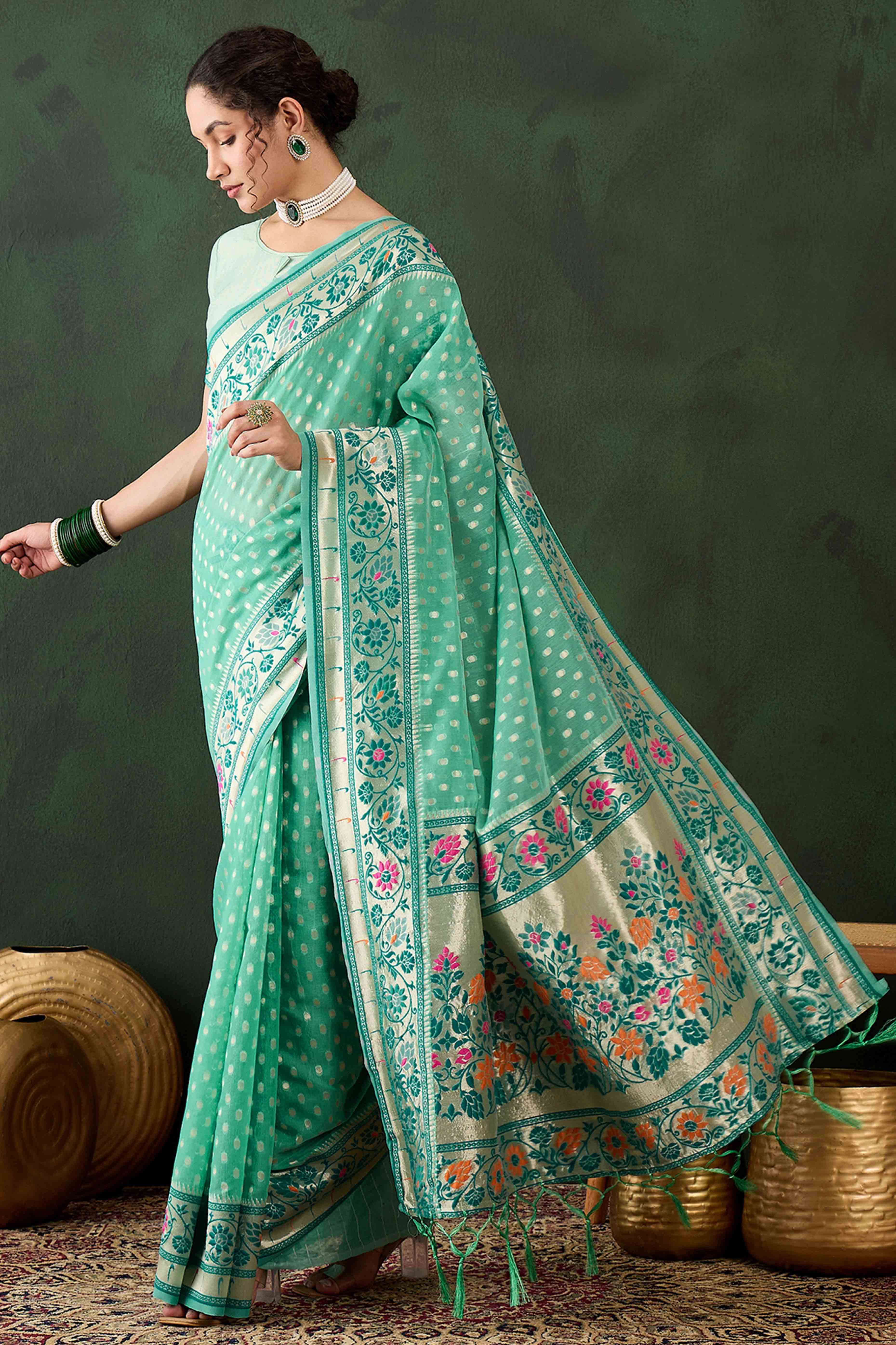 Sea Green Floral Zari Weaving On Orange Poly Cotton Saree With Tasselled Borders