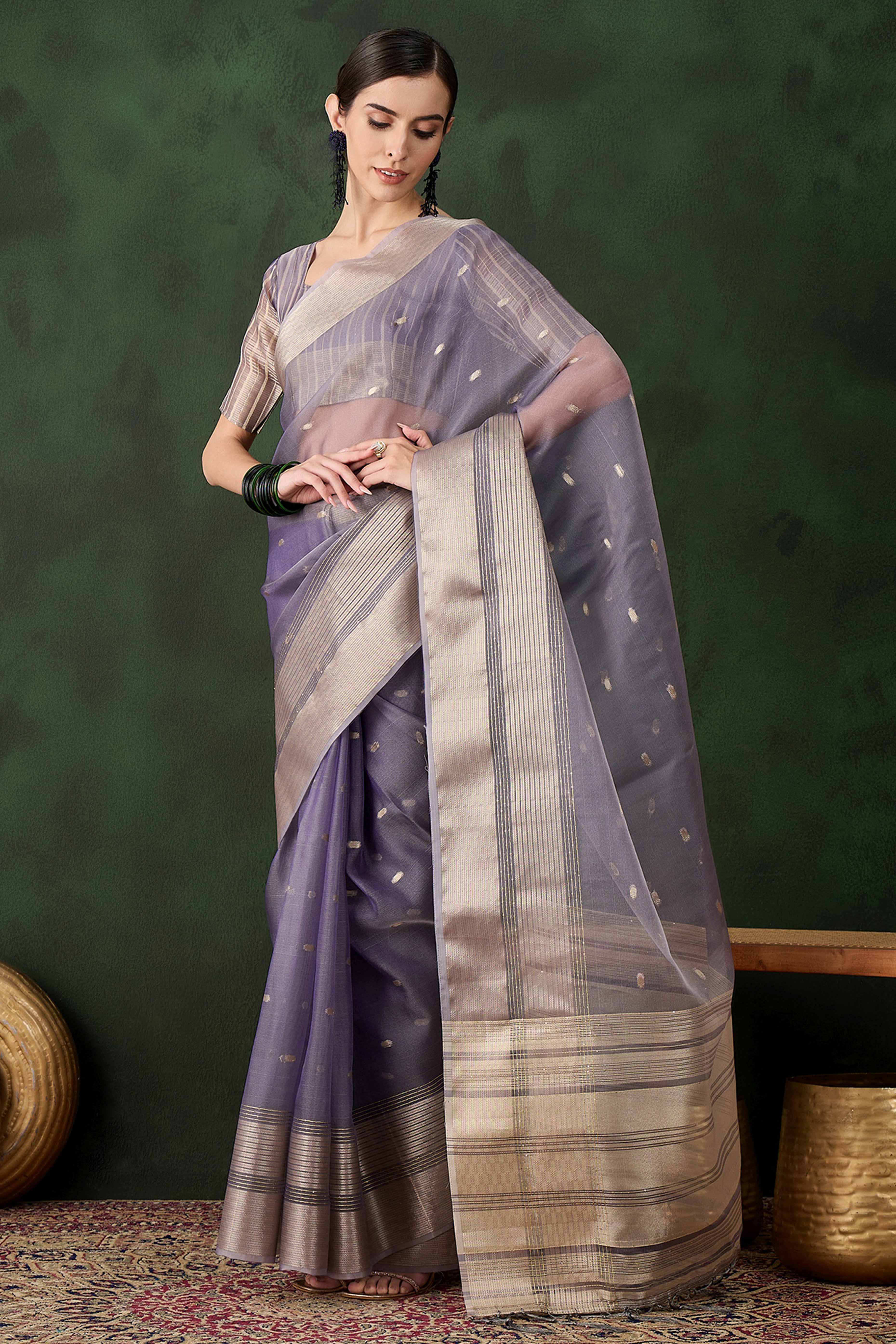 Lavender Woven Khadi Organza Saree Embellished With Shimmering Sequins Work