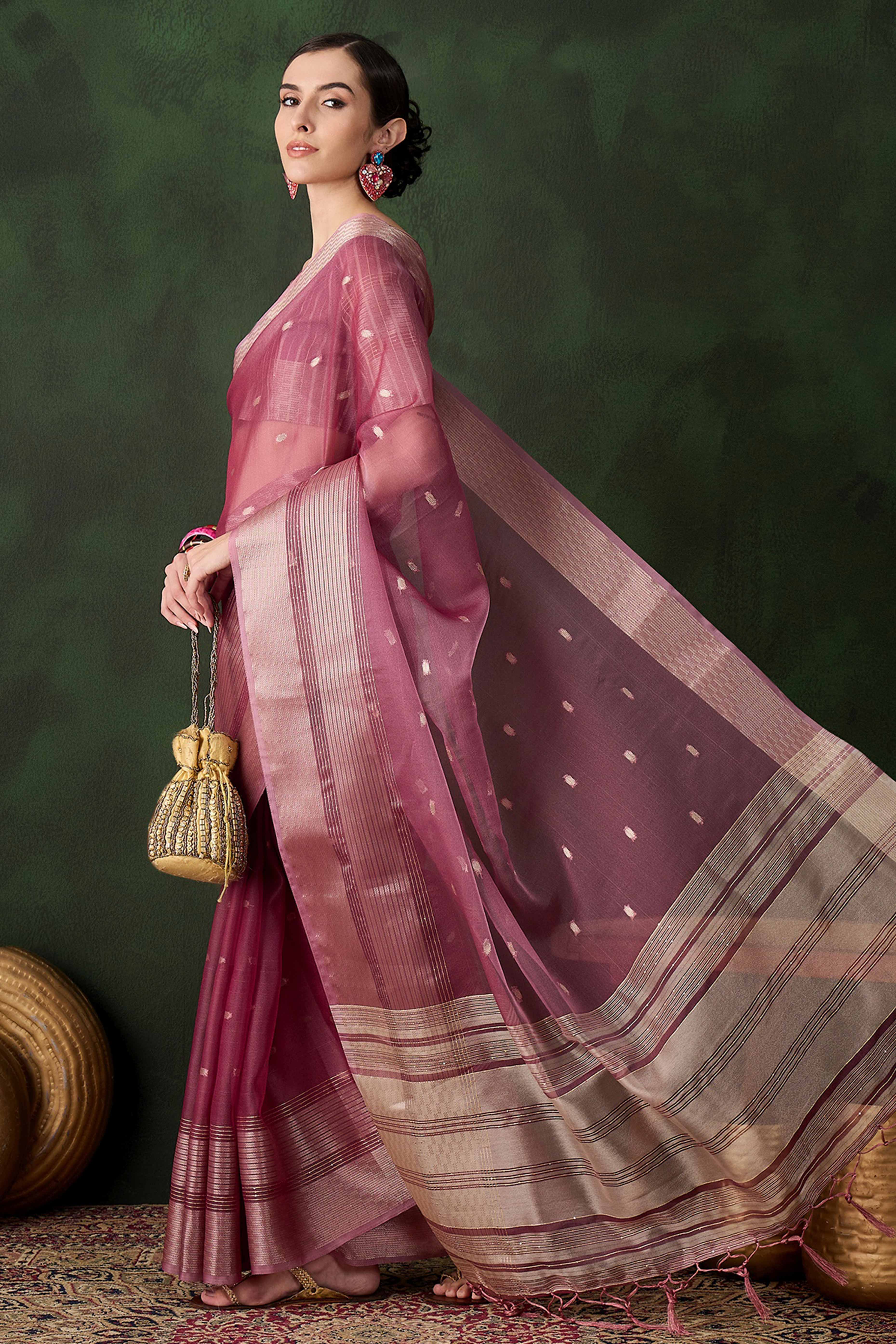 Magenta Woven Khadi Organza Saree Embellished With Shimmering Sequins Work