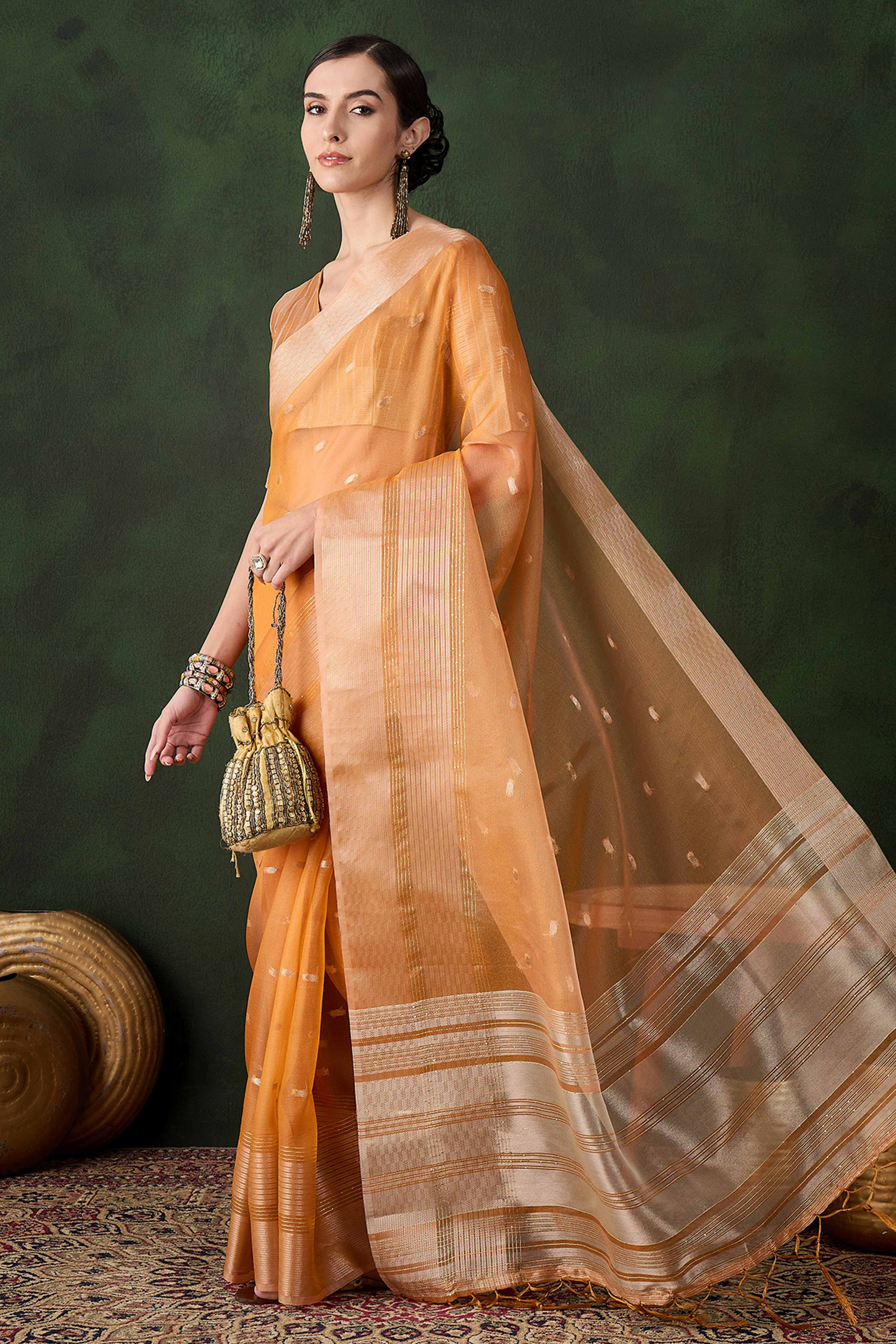 Orange Woven Khadi Organza Saree Embellished With Shimmering Sequins Work