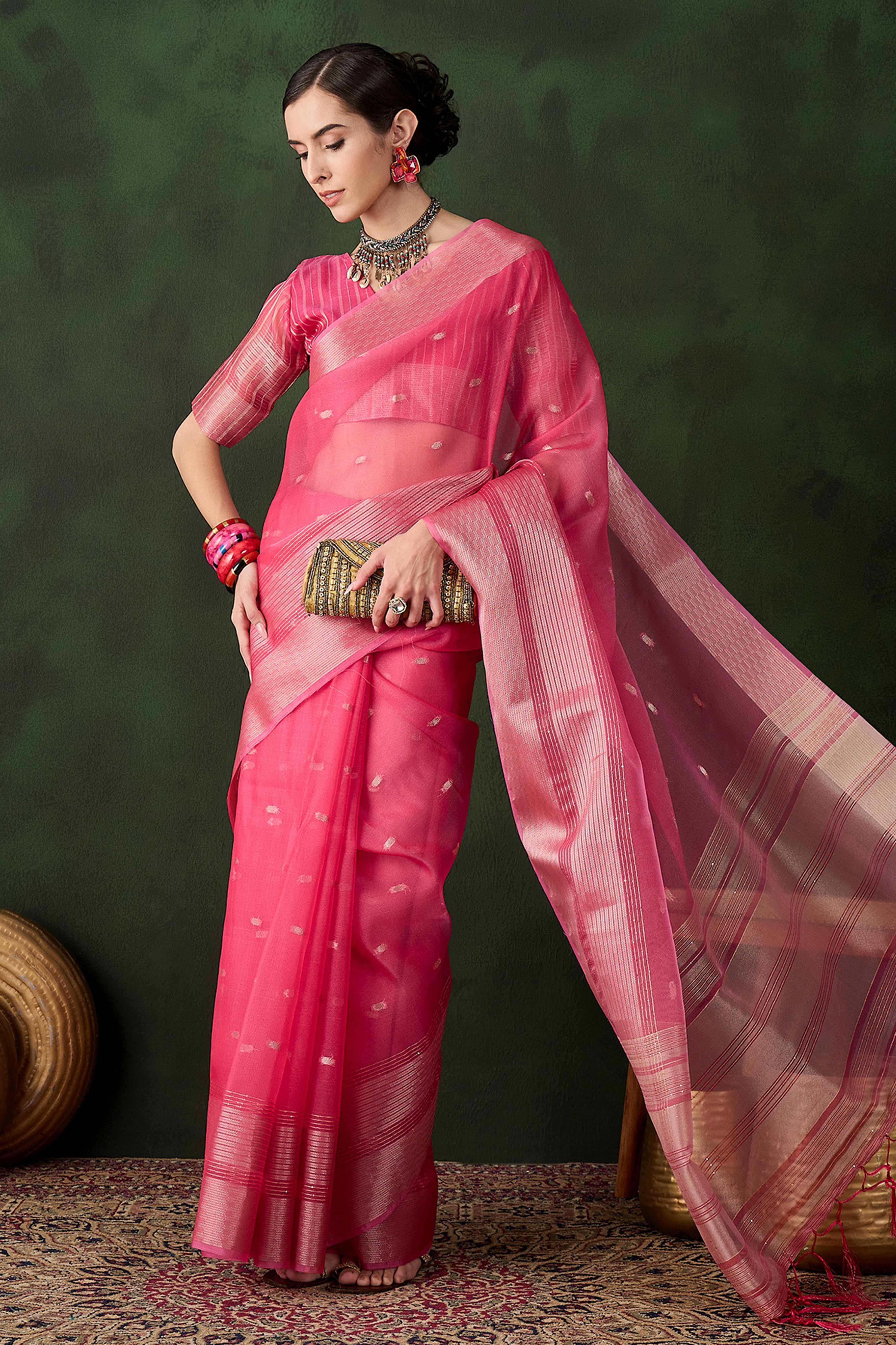 Pink Woven Khadi Organza Saree Embellished With Shimmering Sequins Work