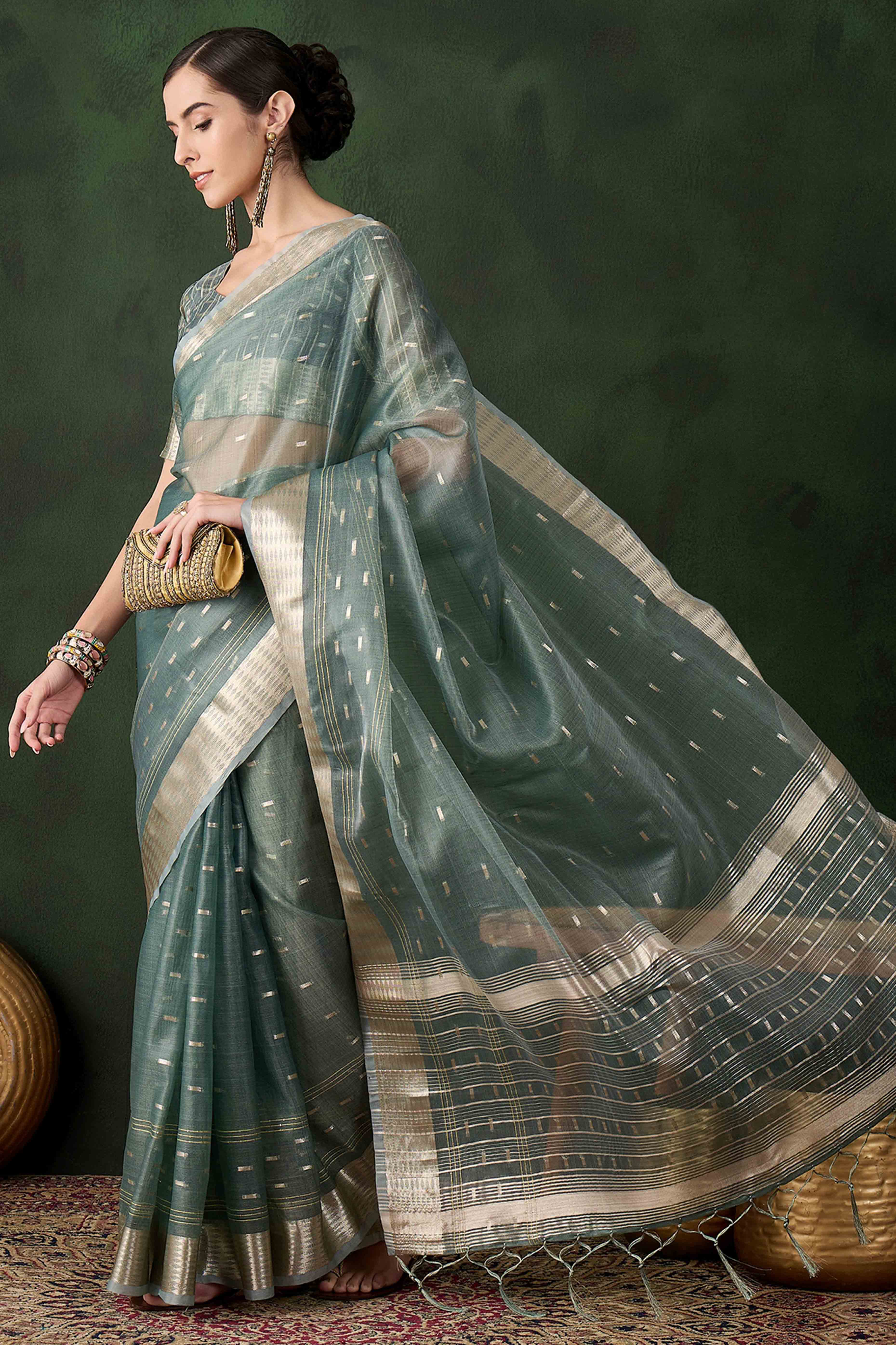 Green Saree With Fine Zari Weaving on Khadi Organza and Tassel Detailing Pallu