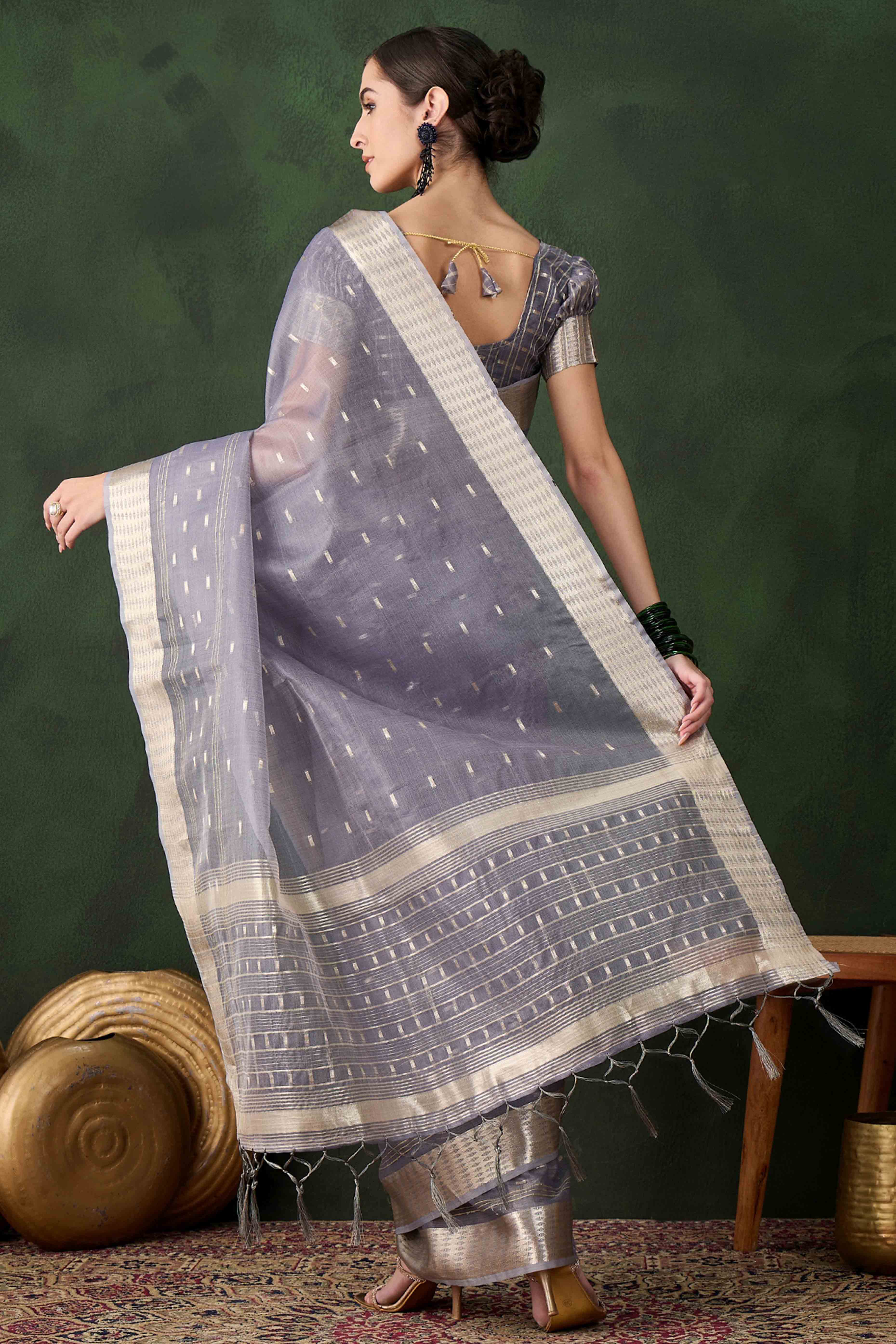 Grey Saree With Fine Zari Weaving on Khadi Organza and Tassel Detailing Pallu
