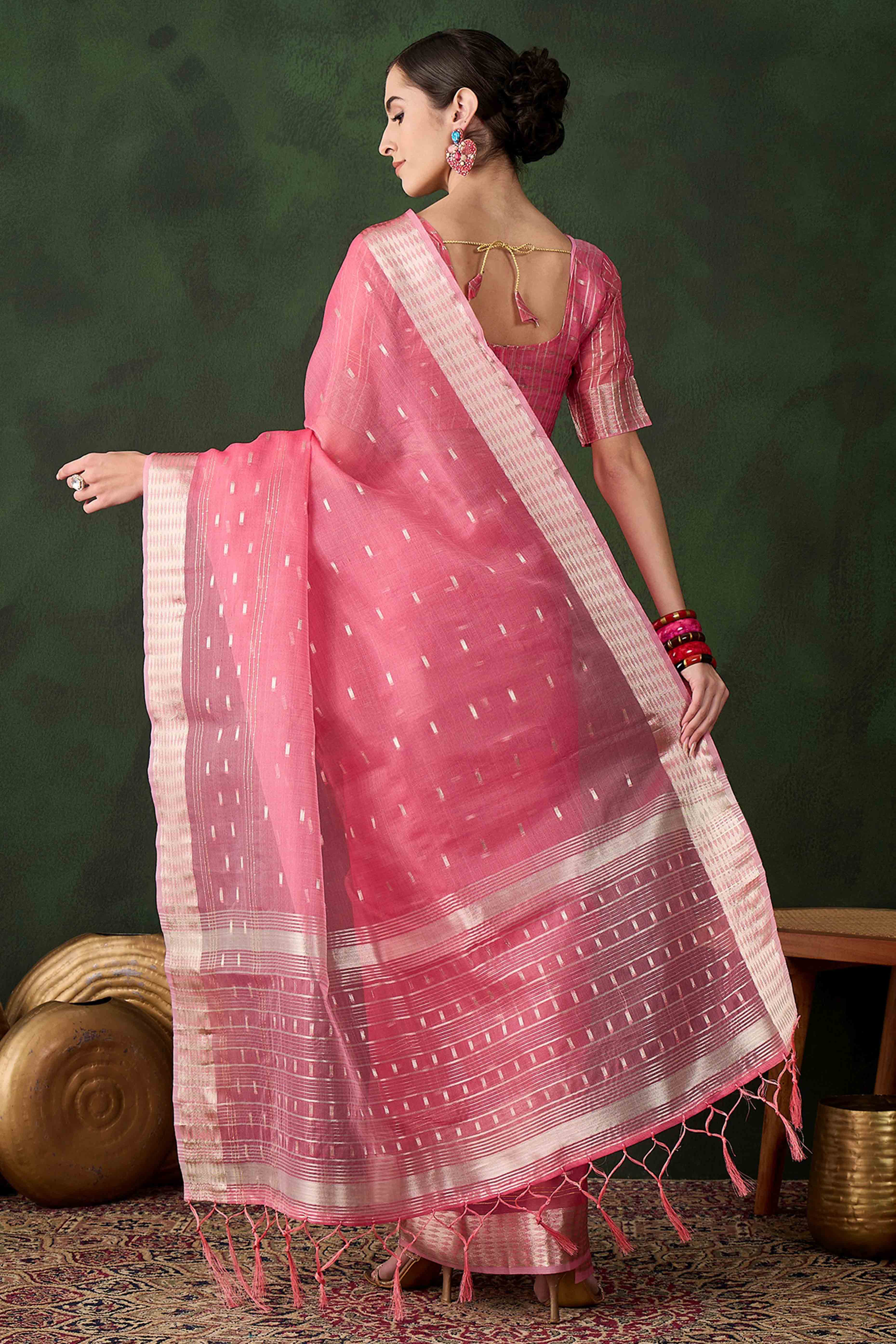 Pink Saree With Fine Zari Weaving on Khadi Organza and Tassel Detailing Pallu