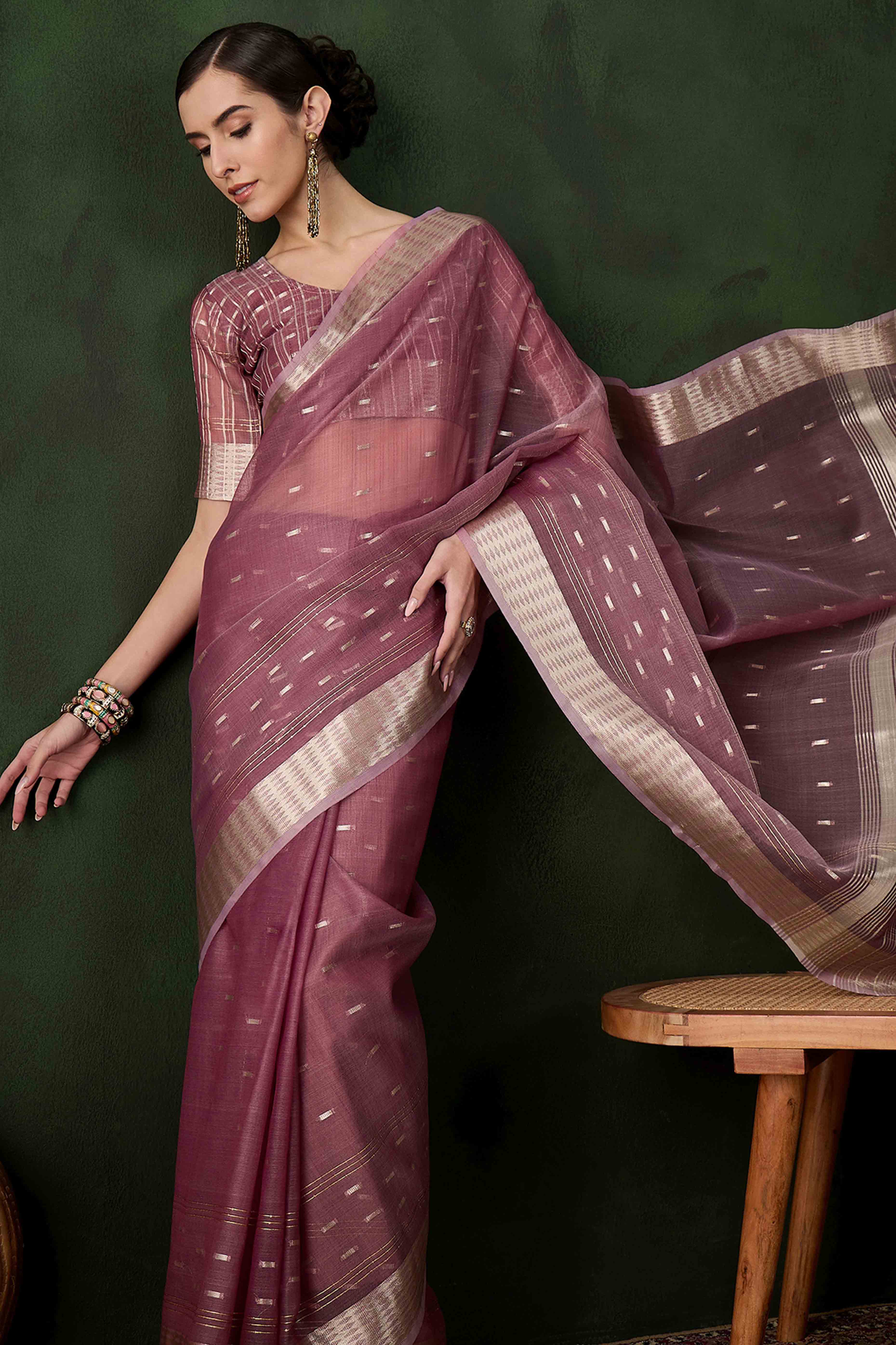 Wine Saree With Fine Zari Weaving on Khadi Organza and Tassel Detailing Pallu