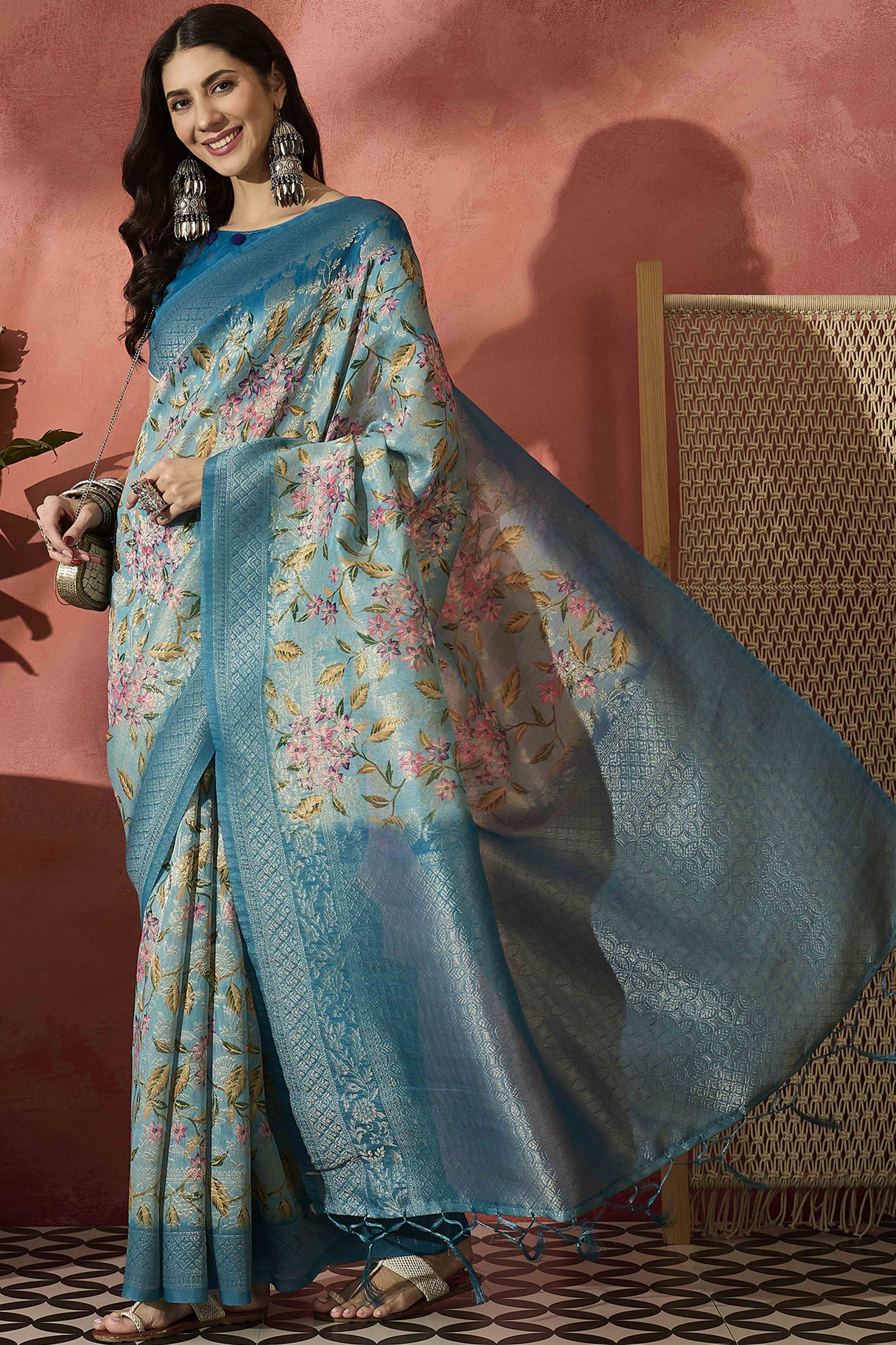 Blue Saree In Poly Cotton Featuring Intricate Floral Zari Weaving & Tassel Accents
