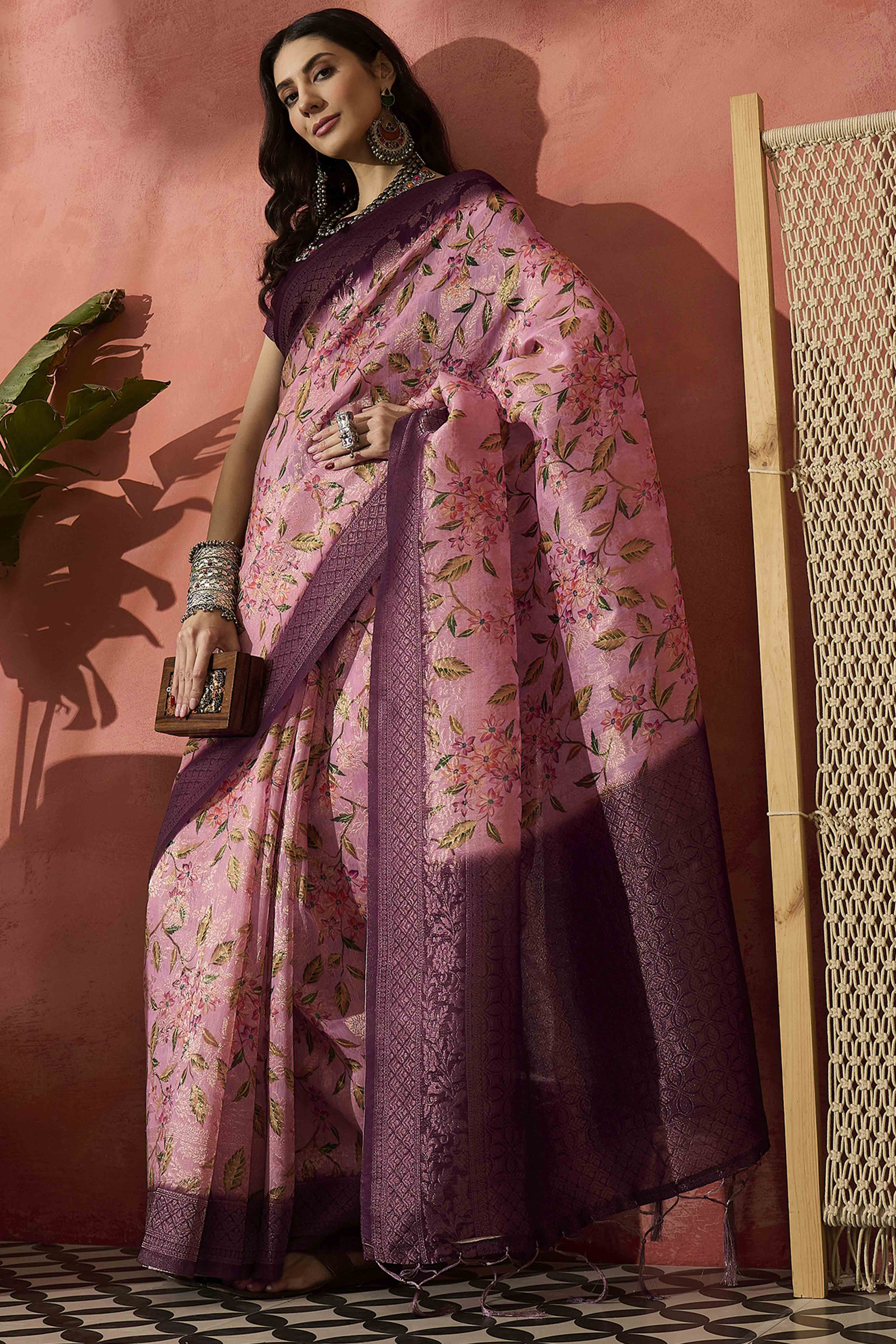 Pastel Pink Saree In Poly Cotton Featuring Intricate Floral Zari Weaving & Tassel Accents