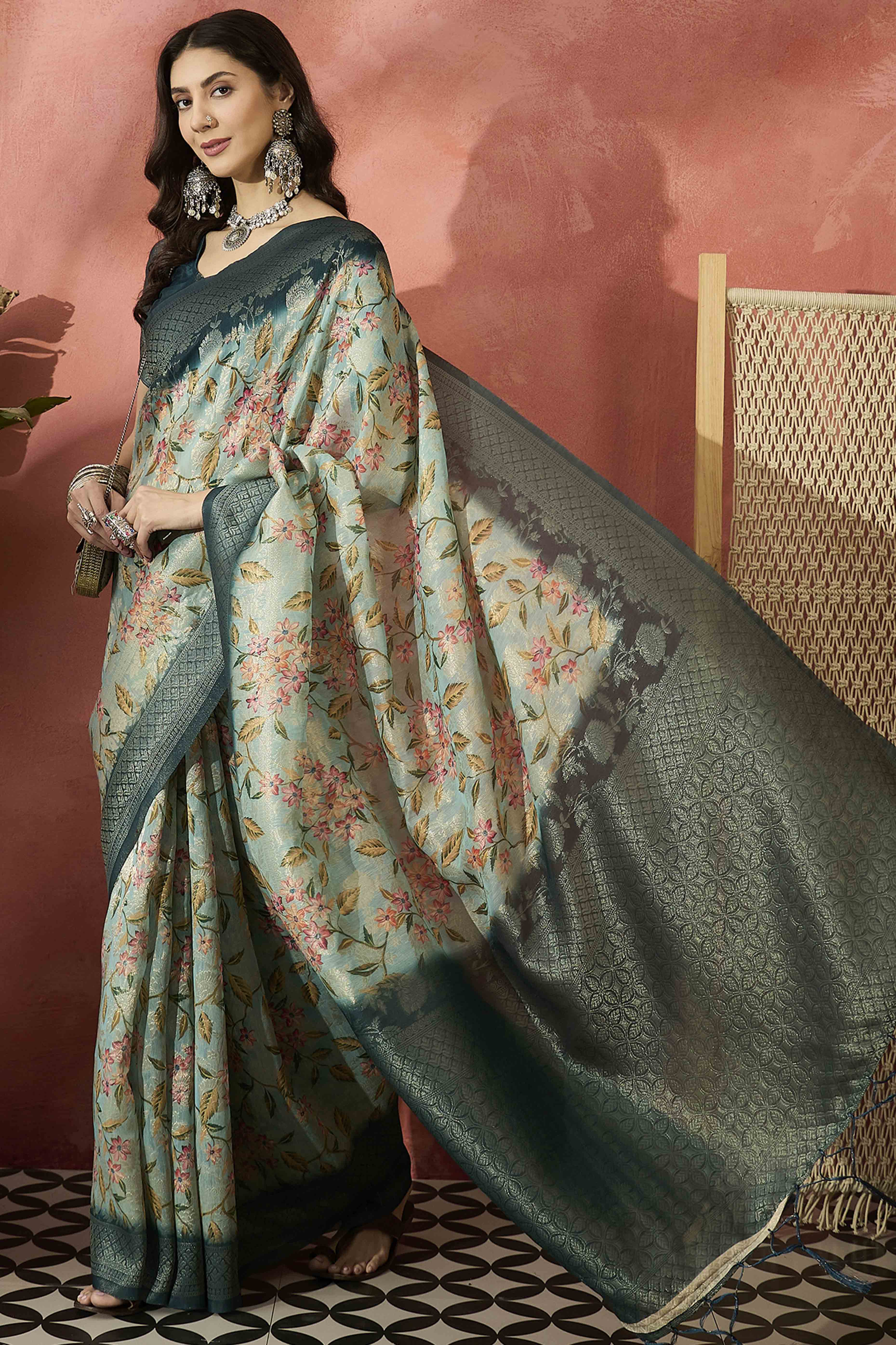 Turquoise Saree In Poly Cotton Featuring Intricate Floral Zari Weaving & Tassel Accents