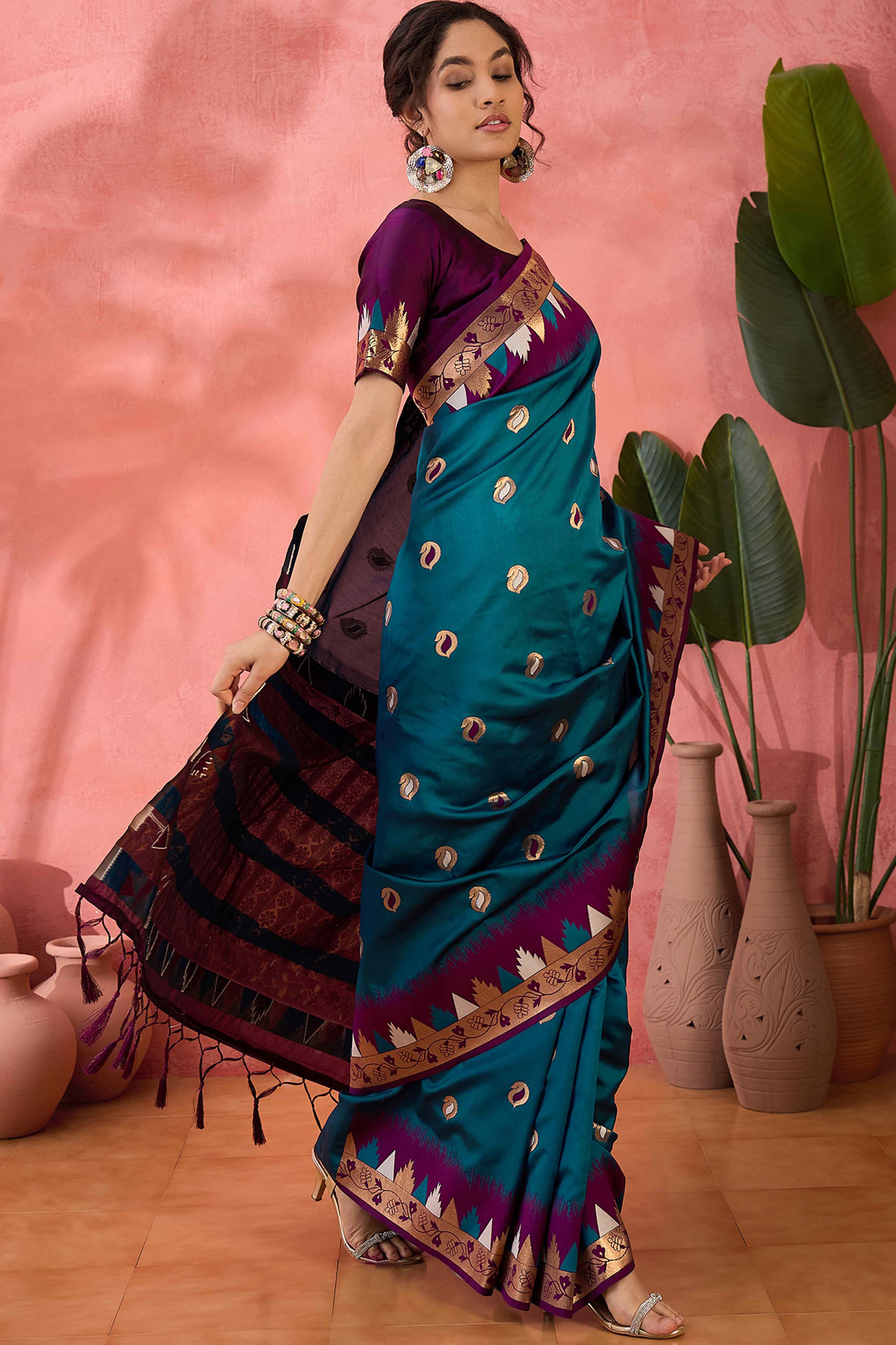Morpich Blue Zari Woven Poly Silk Saree Enhanced With Graceful Tassel Detailing