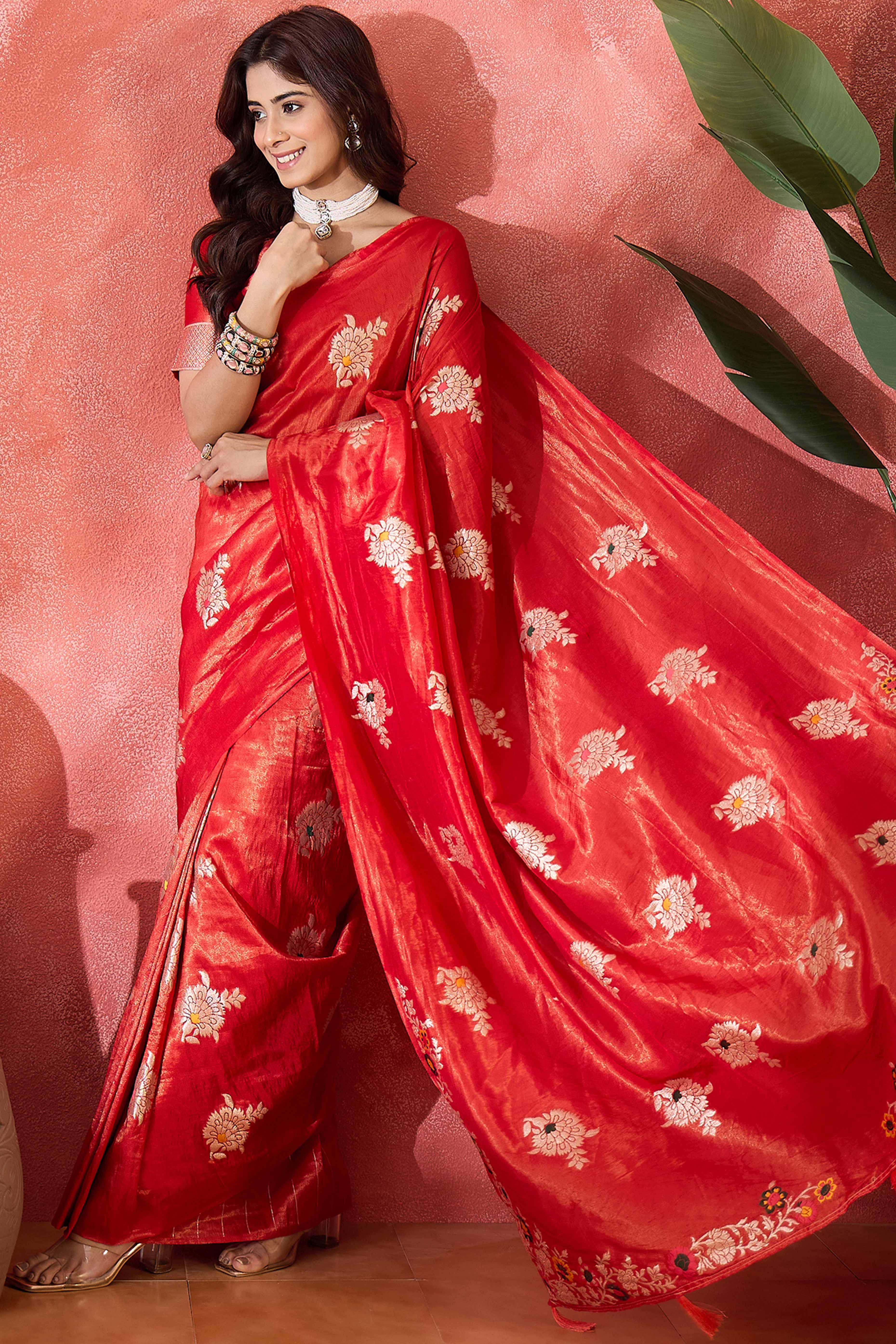 Cherry Red Shimmer Saree Featuring Intricate Floral Zari Weaving & Tassel Finish