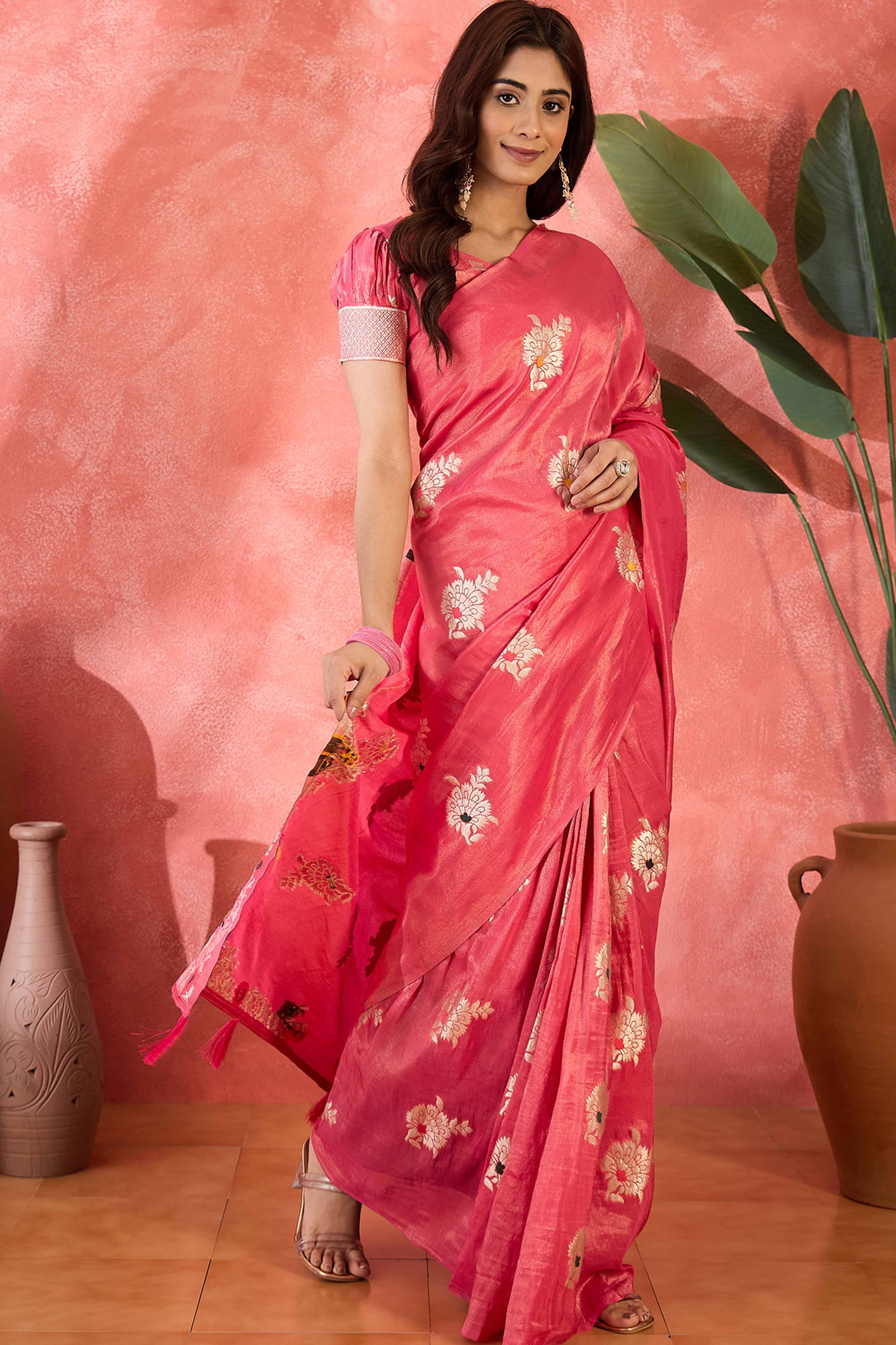 Pink Shimmer Saree Featuring Intricate Floral Zari Weaving & Tassel Finish