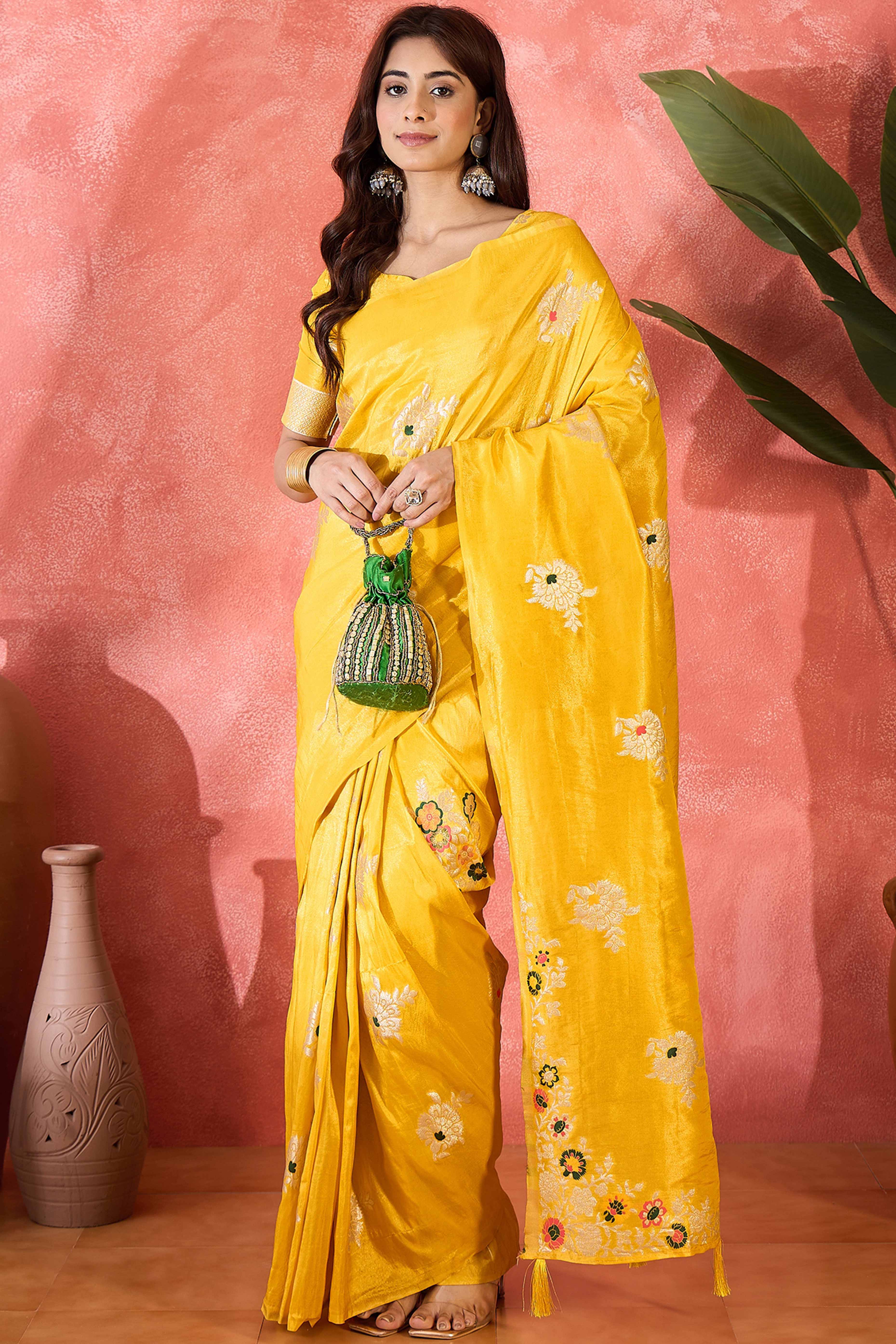 Yellow Shimmer Saree Featuring Intricate Floral Zari Weaving & Tassel Finish