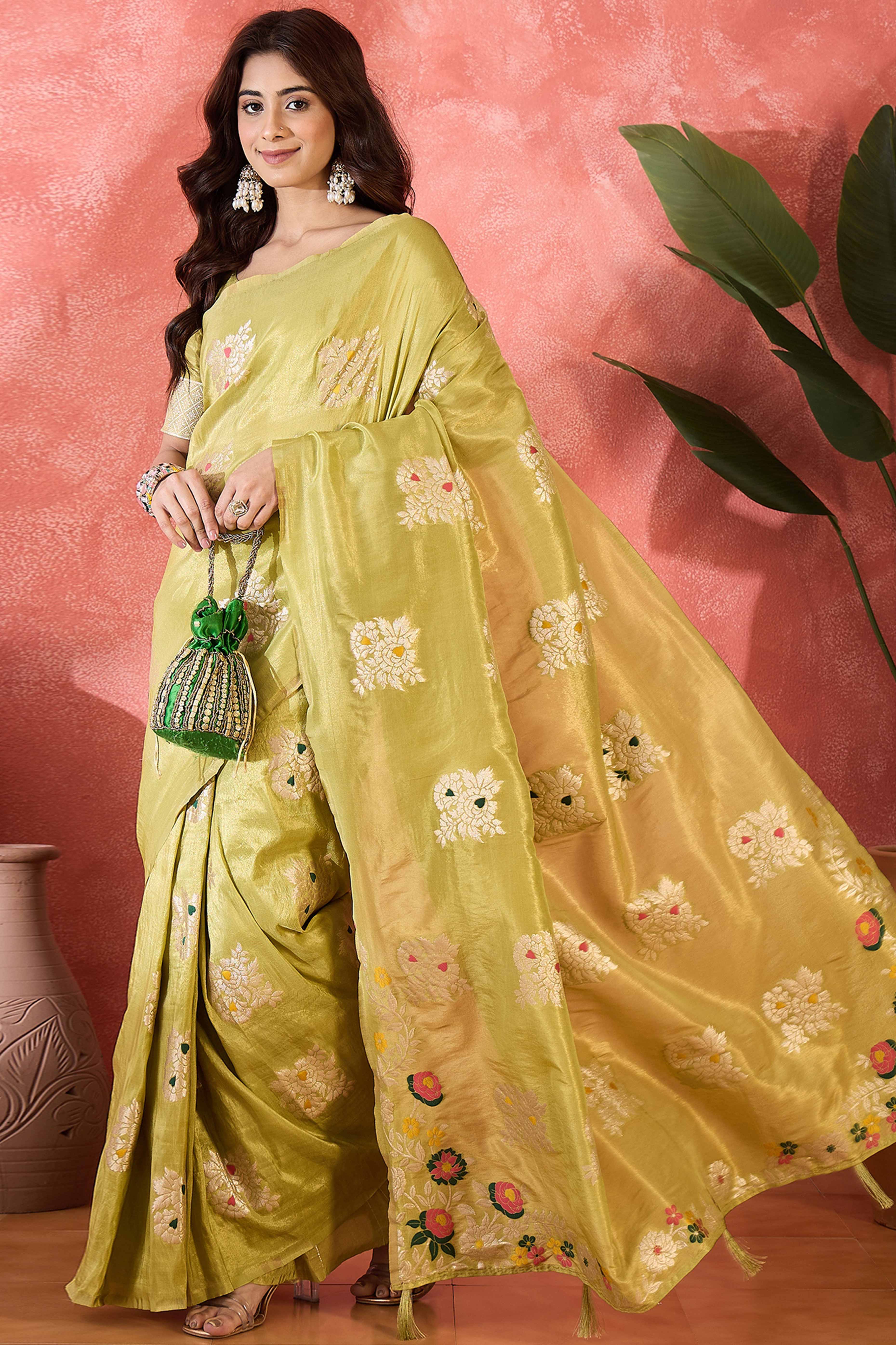 Lime Green Saree In Shimmer Fabric With Floral Zari Weaving & Decorative Tassel Pallu