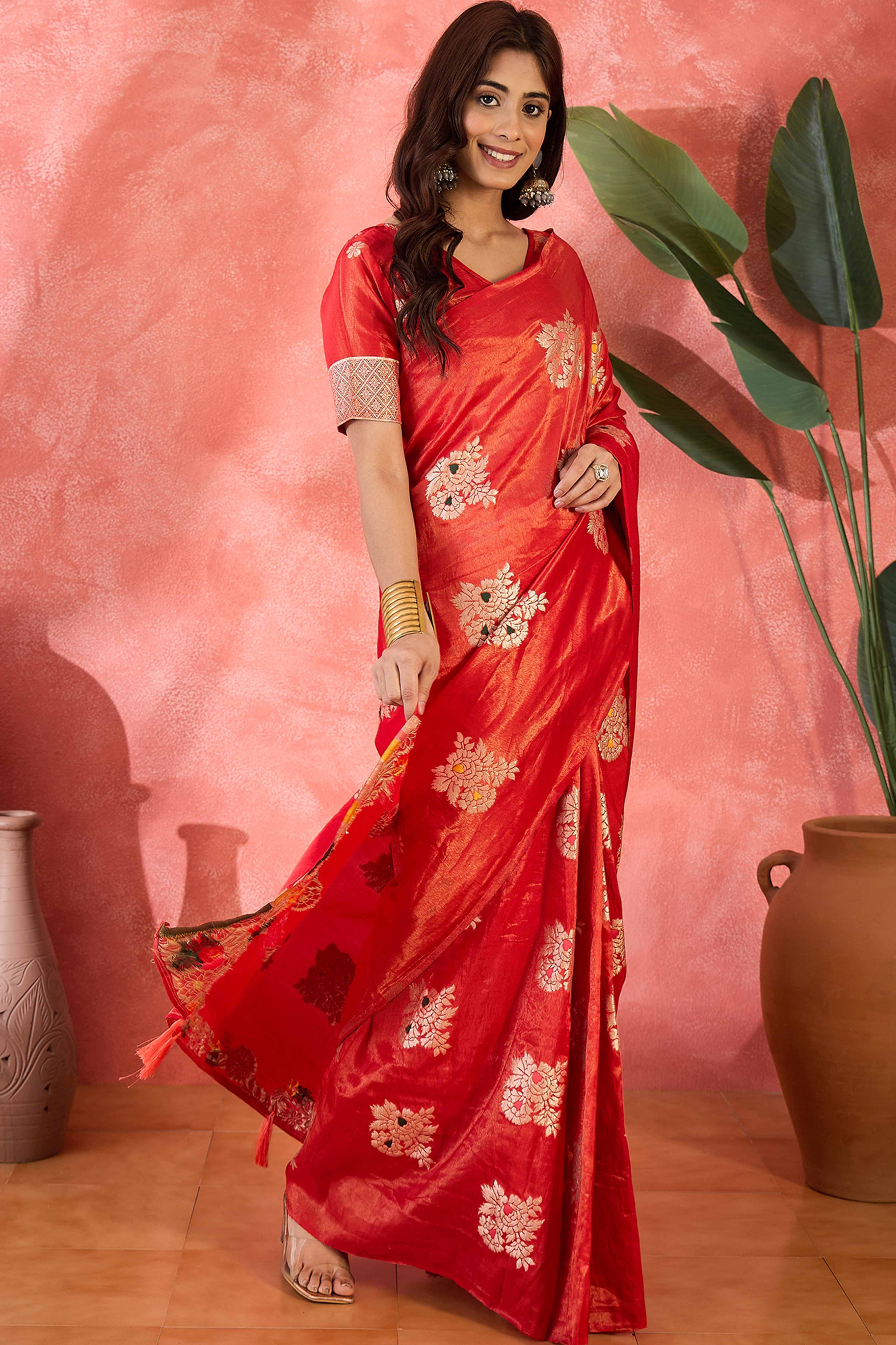 Red Saree In Shimmer Fabric With Floral Zari Weaving & Decorative Tassel Pallu