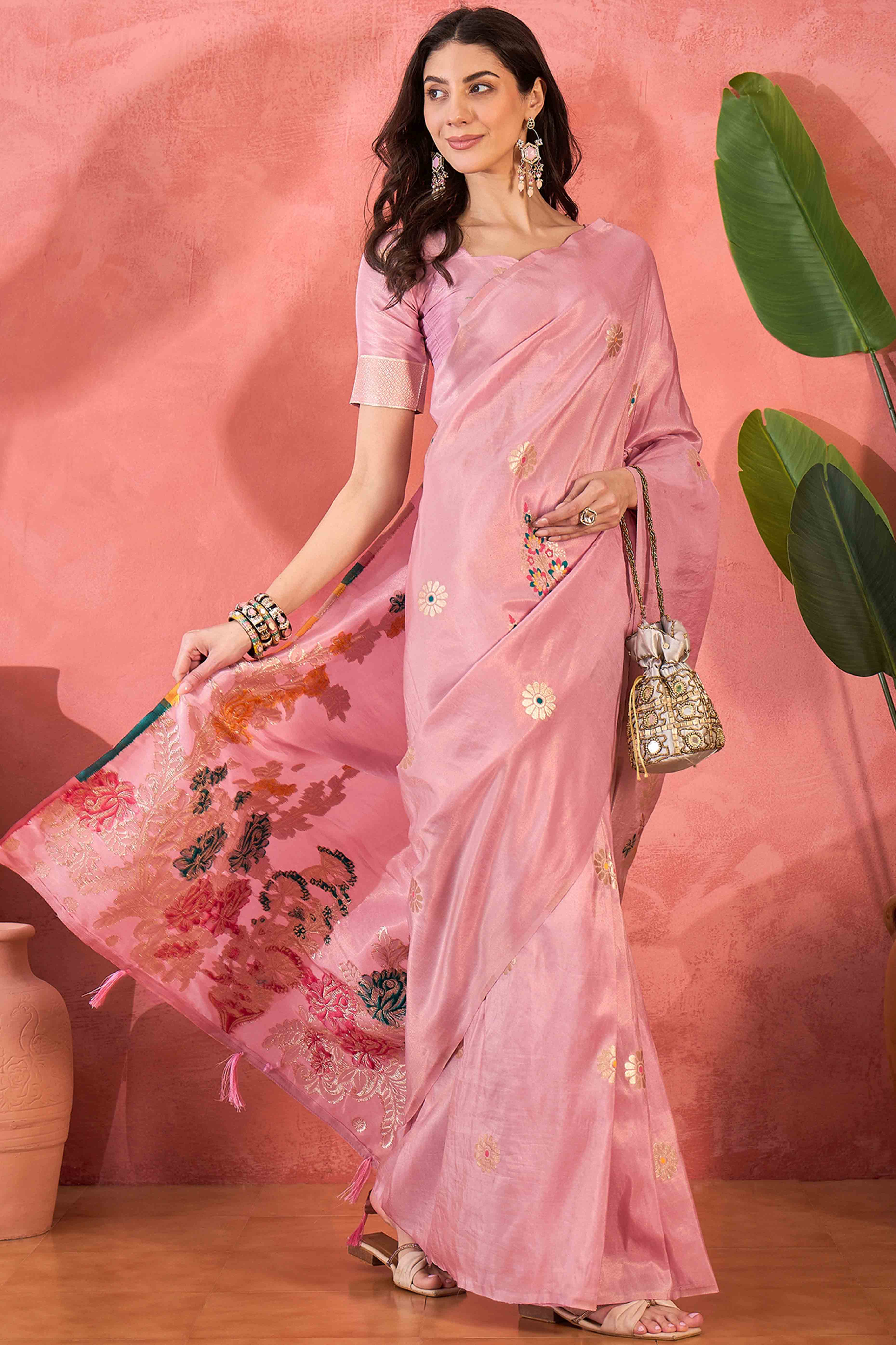 Baby Pink Shimmer Saree Adorned with Floral Zari Weaving & Tassel Pallu