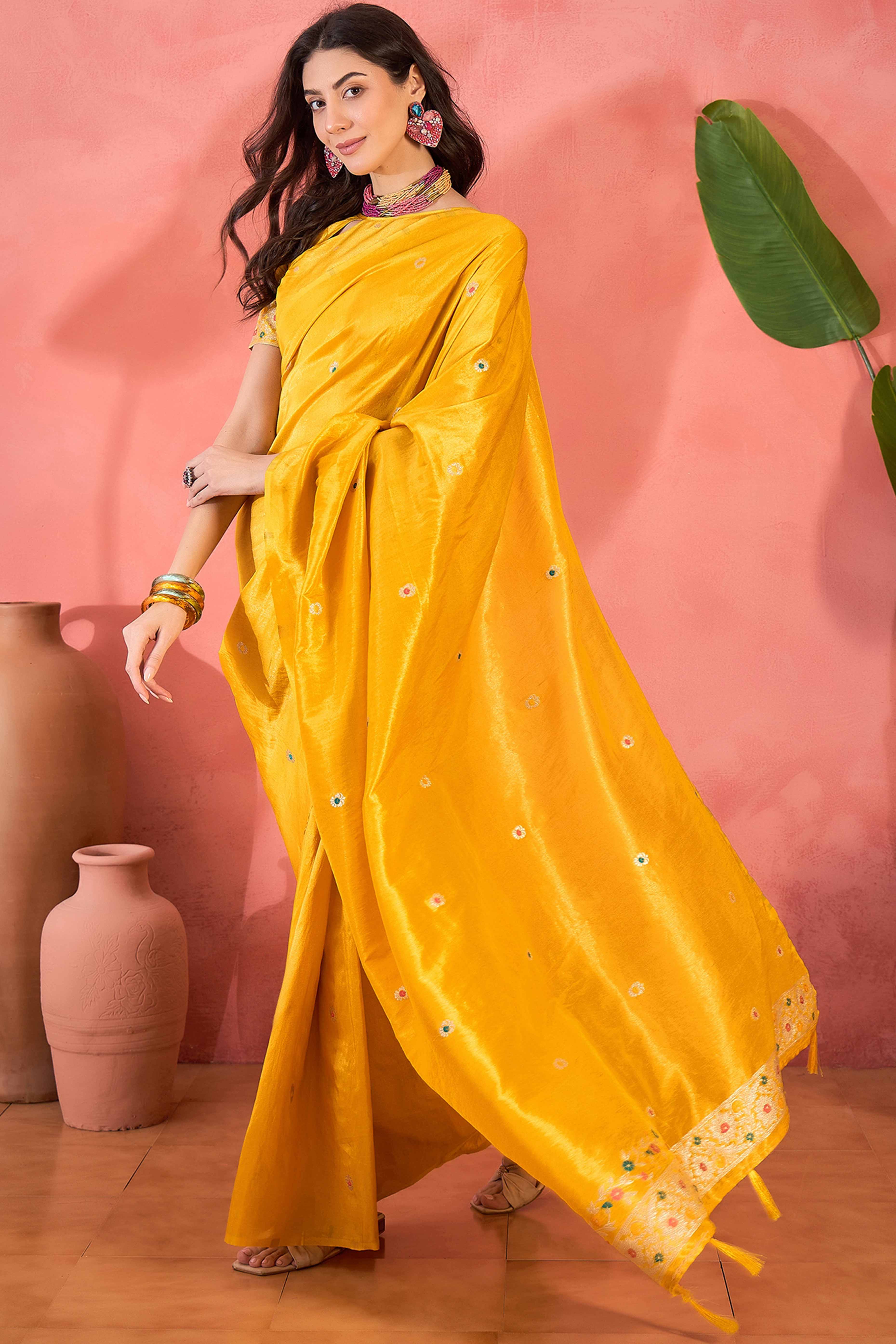 Yellow Zari Woven Shimmer Saree With Floral Motifs & Flowing Tassel Pallu