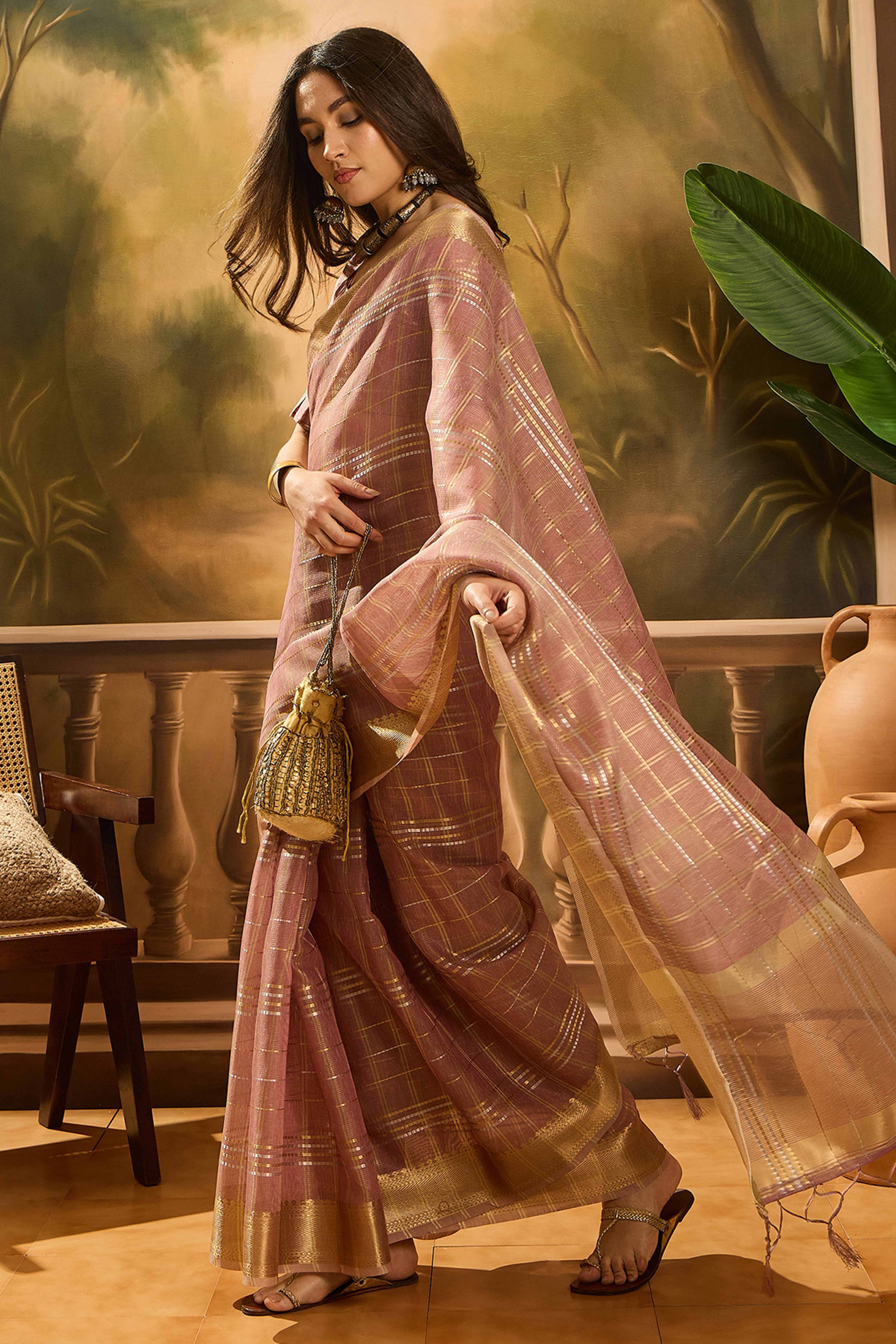 Dusty Mauve Zari Woven Khadi Organza Saree Featuring Classic Checks & Tassel Detailing