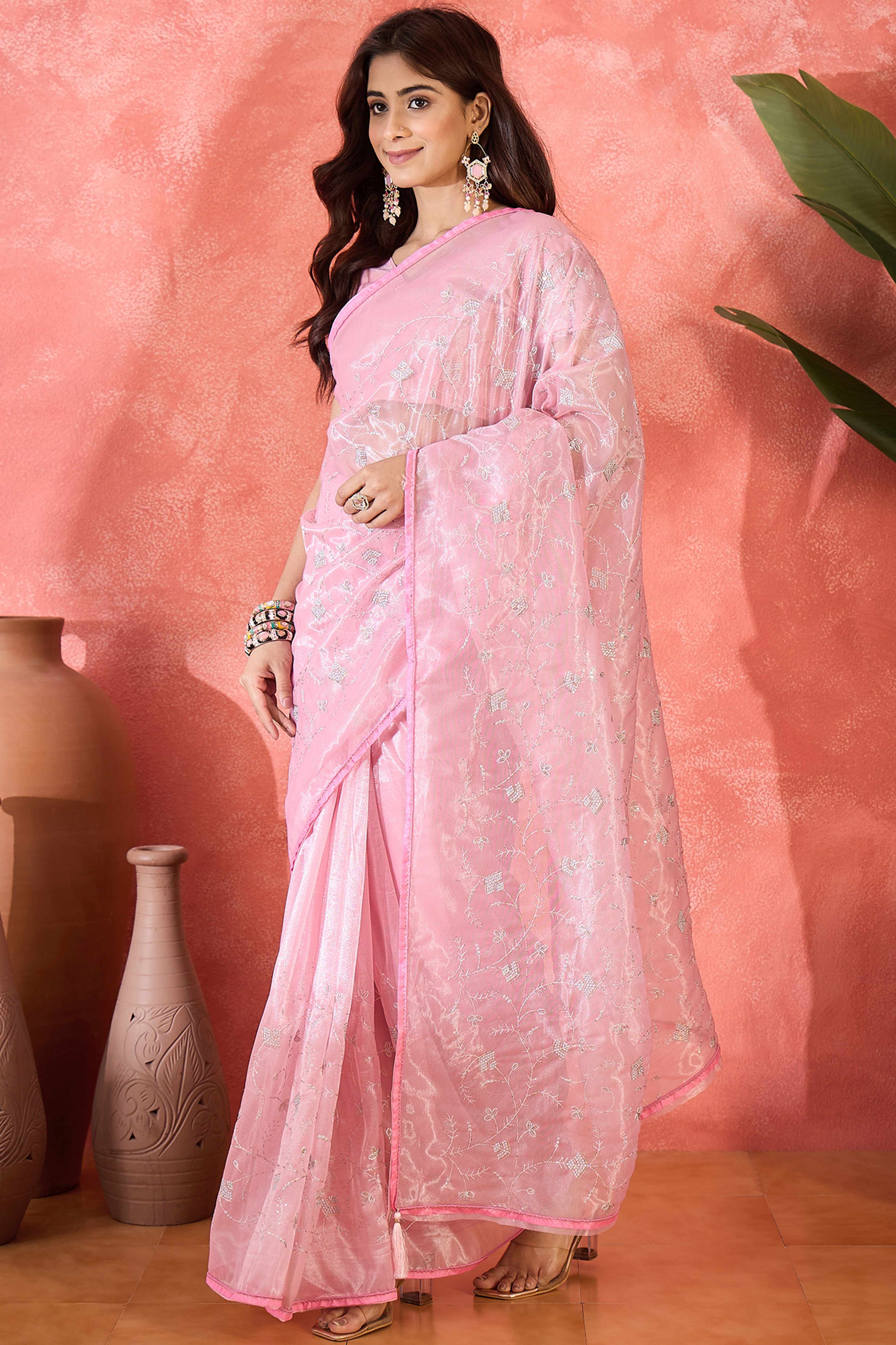 Baby Pink Floral Sequin Embellished Saree In Twill Net With Tassel Accents