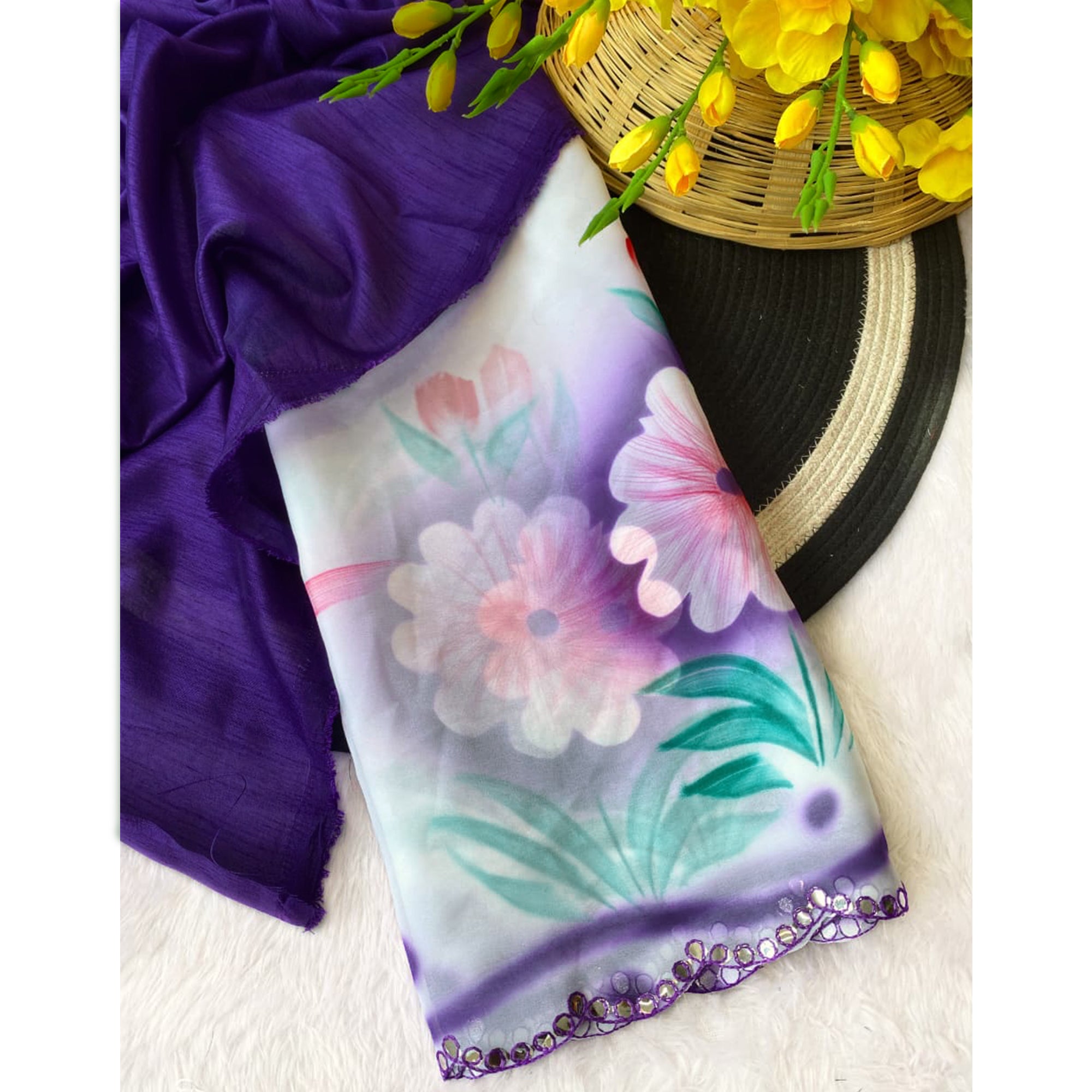 Charming Purple Floral Digital Print Saree Crafted In Georgette With Stylish Embroidered Border