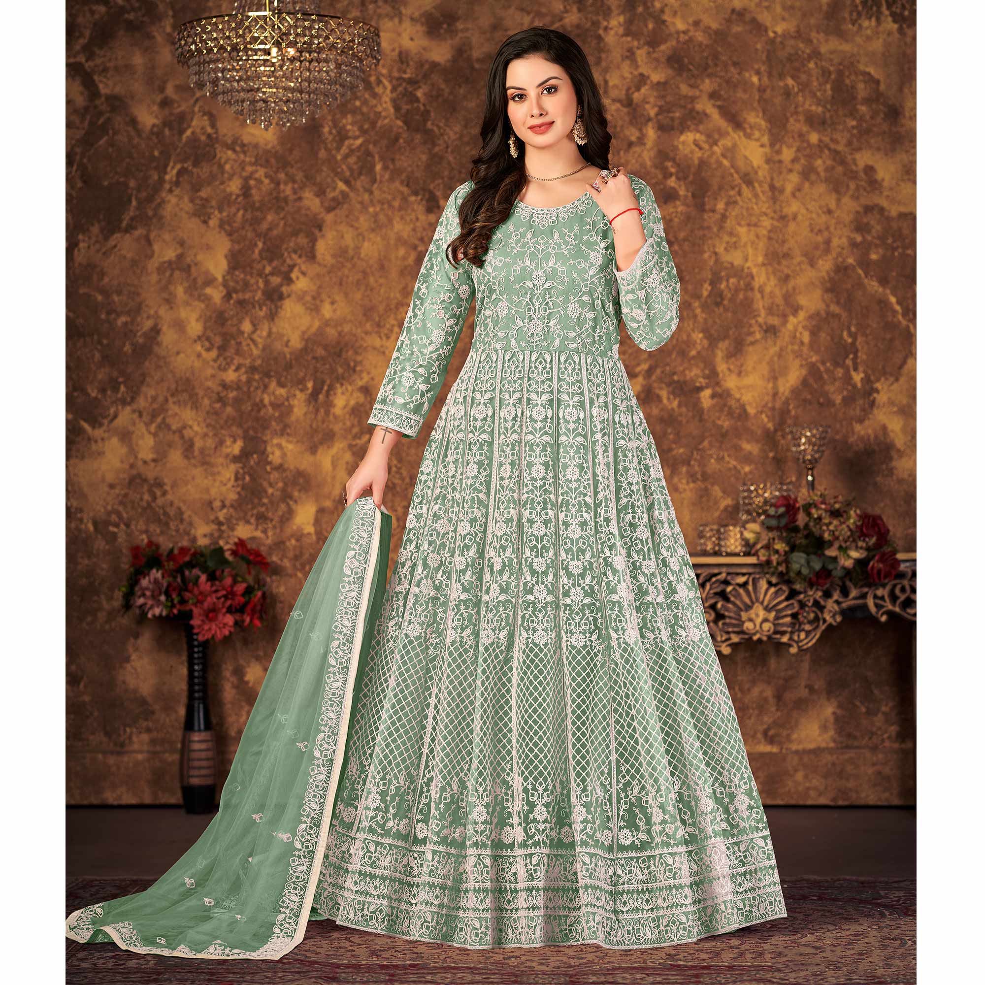 Green Floral Embroidered Net Semi Stitched Dress Material