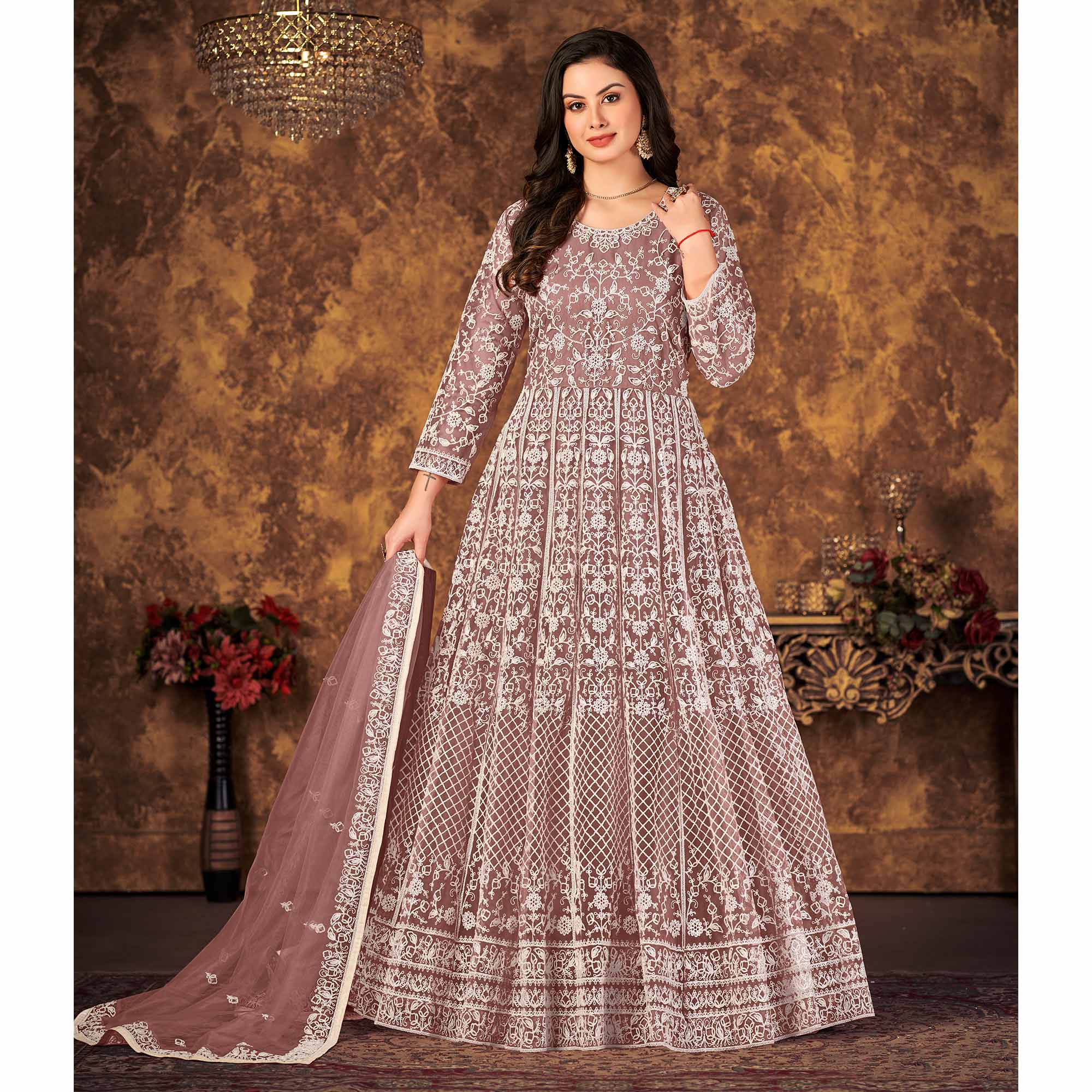 Mauve Floral Embroidered Net Semi Stitched Dress Material