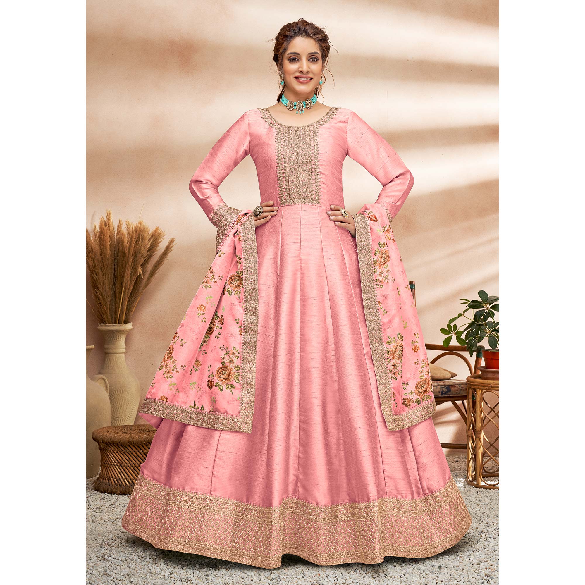 Pink Embroidered Art Silk Semi Stitched Anarkali Suit