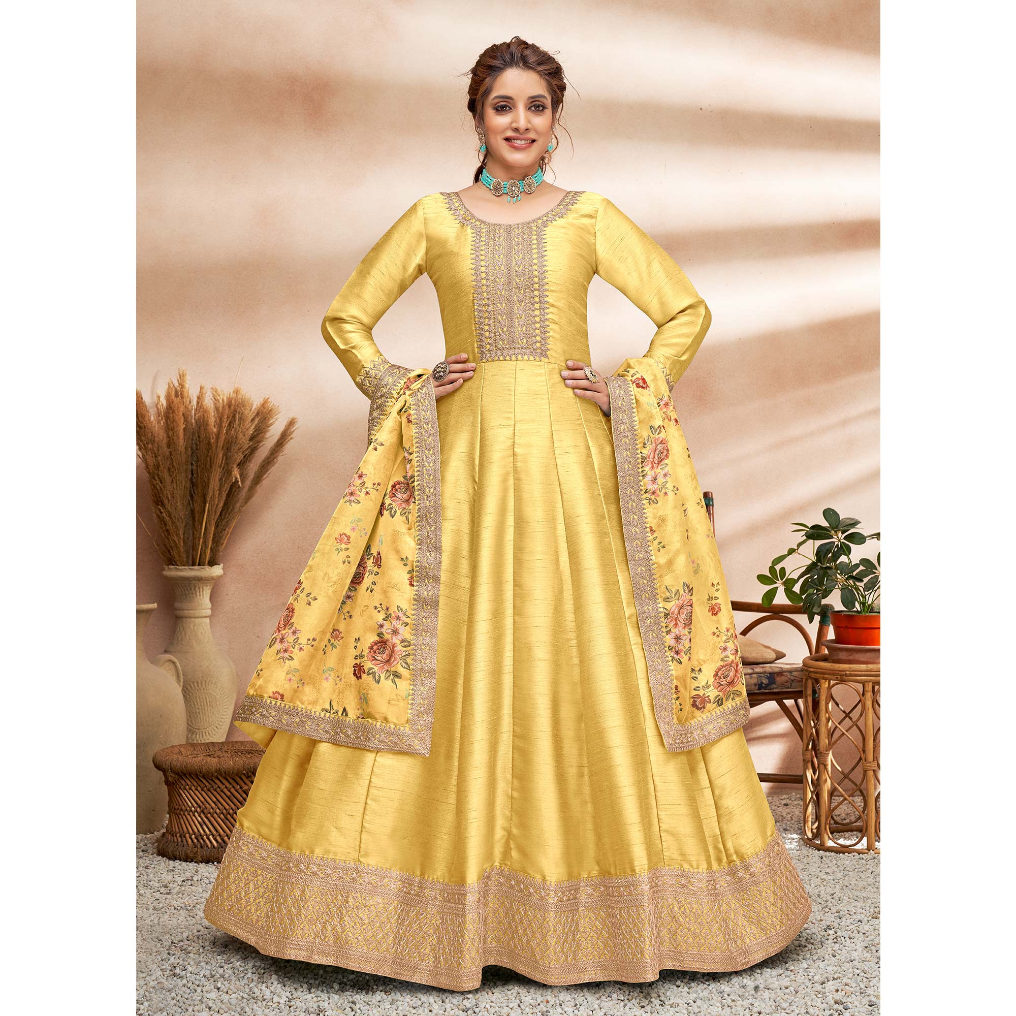 Yellow Embroidered Art Silk Semi Stitched Anarkali Suit