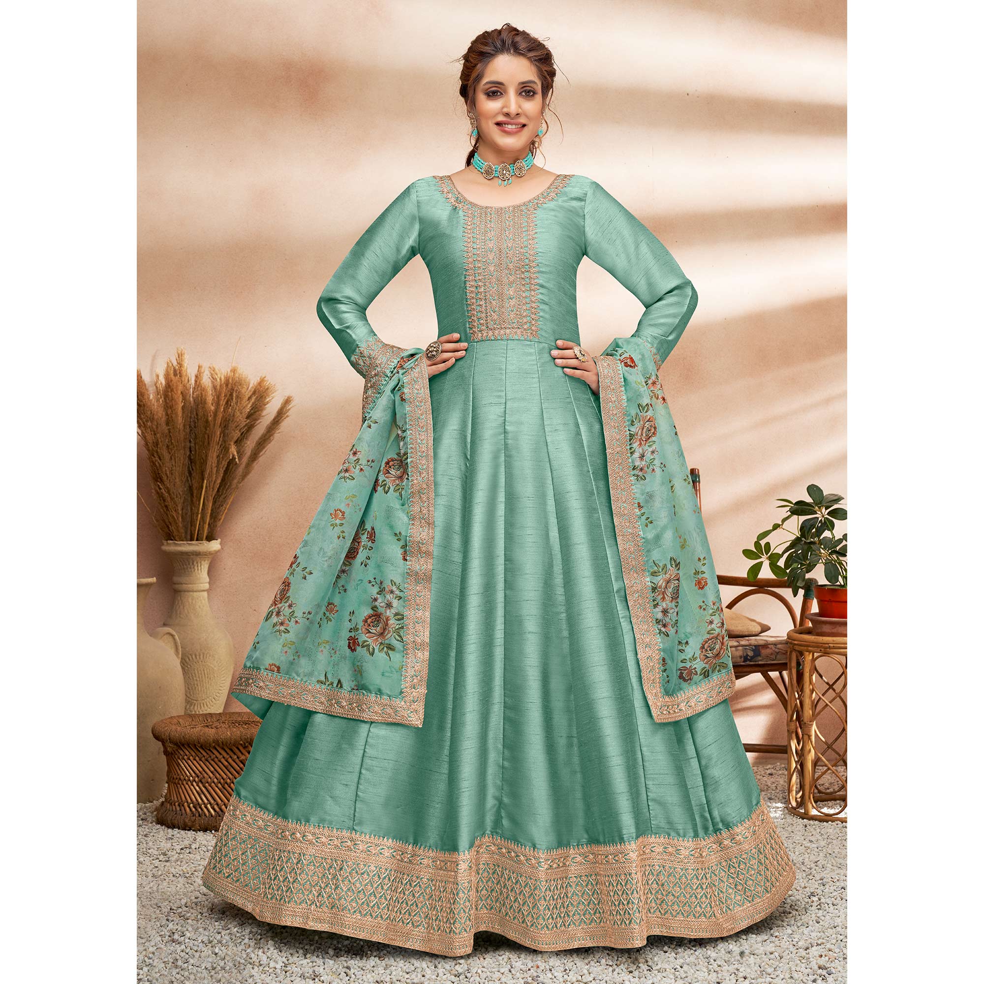 Turquoise  Embroidered Art Silk Semi Stitched Anarkali Suit