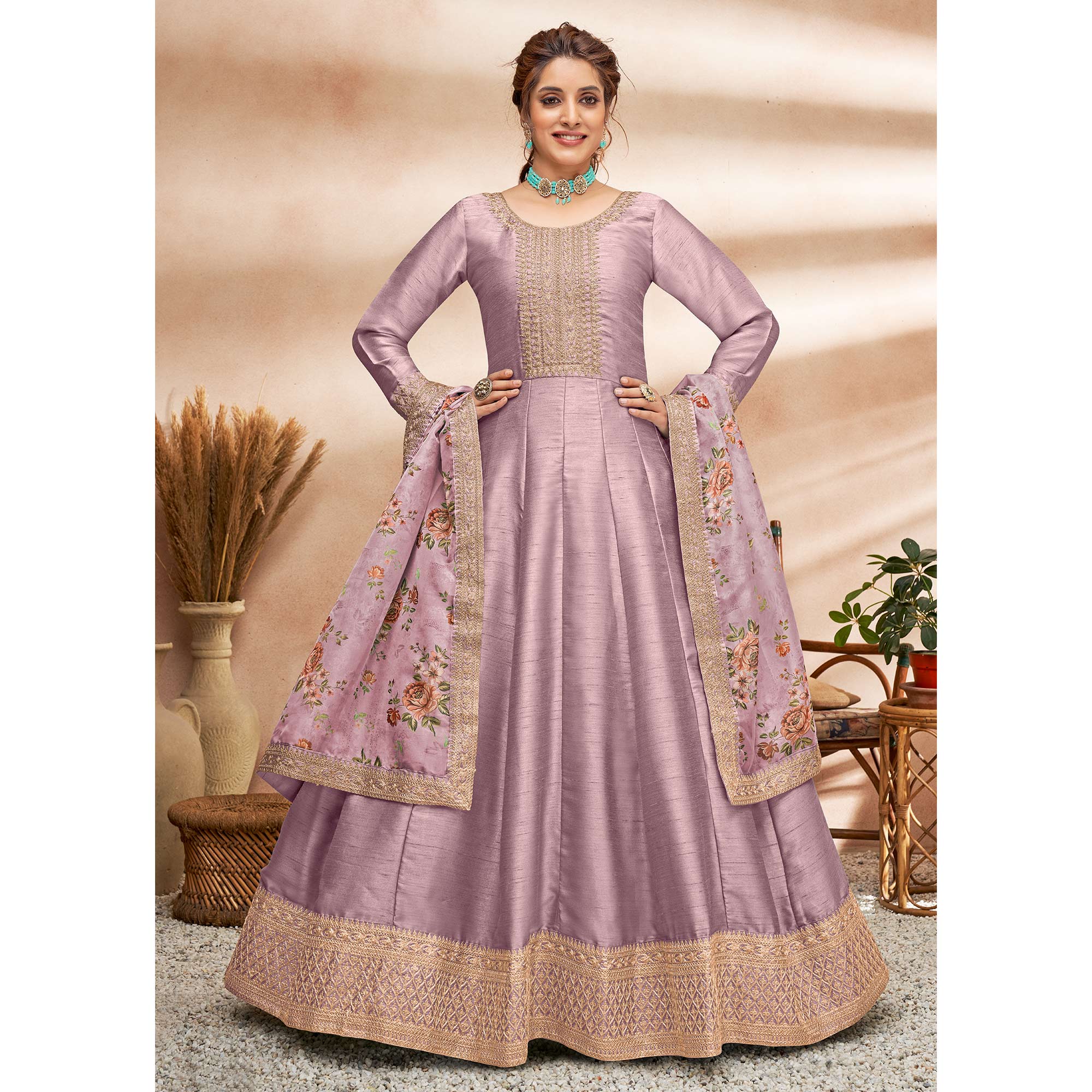 Mauve Embroidered Art Silk Semi Stitched Anarkali Suit