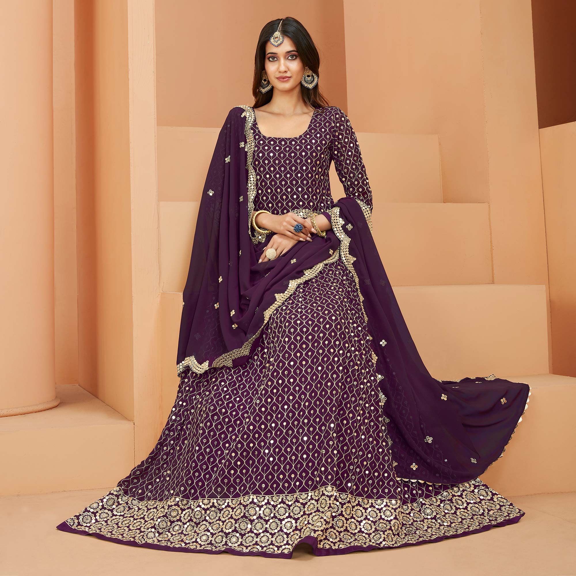 Purple Sequins Embroidered Georgette Semi Stitched Anarkali Suit