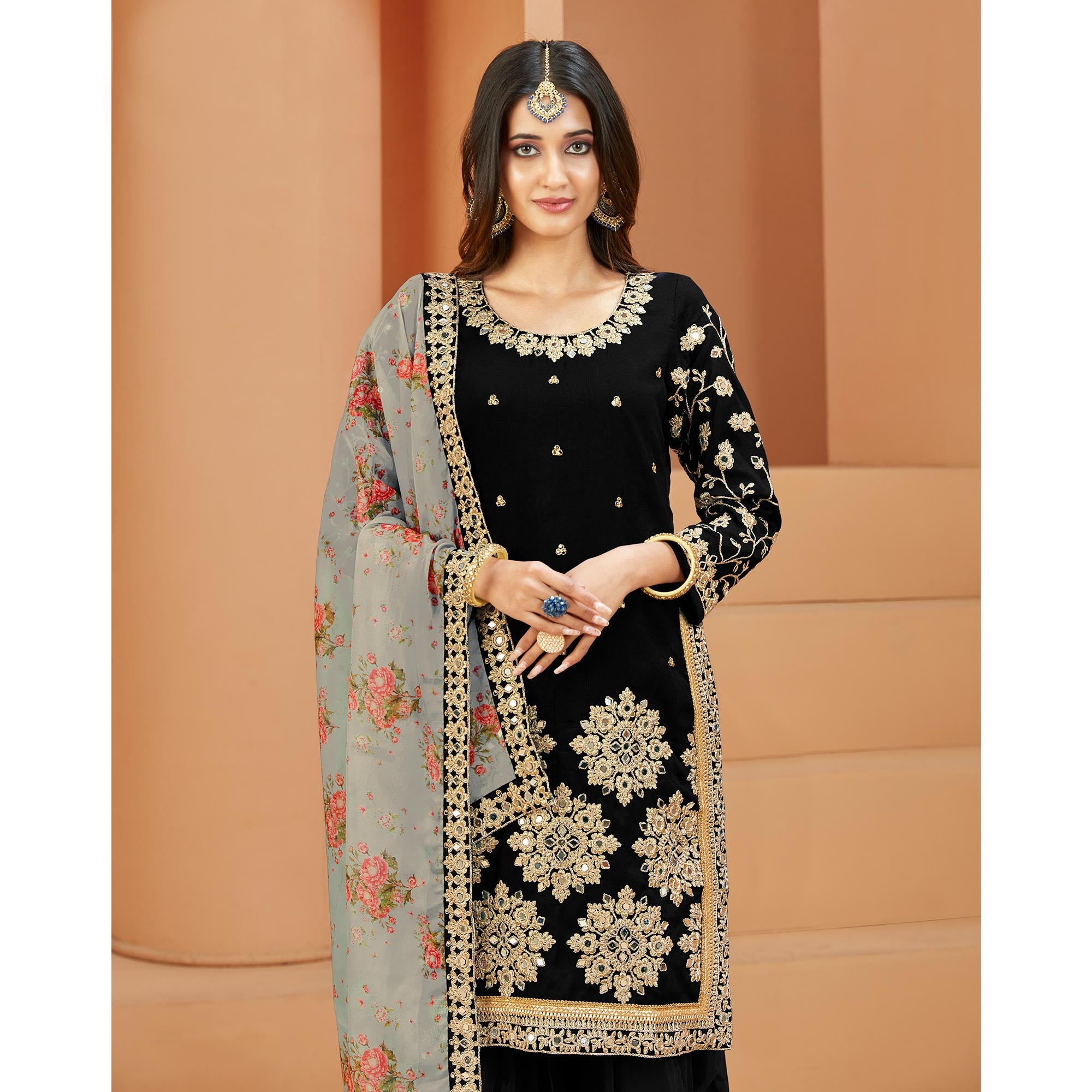 Black Floral Embroidered Art Silk Semi Stitched Patiala Suit