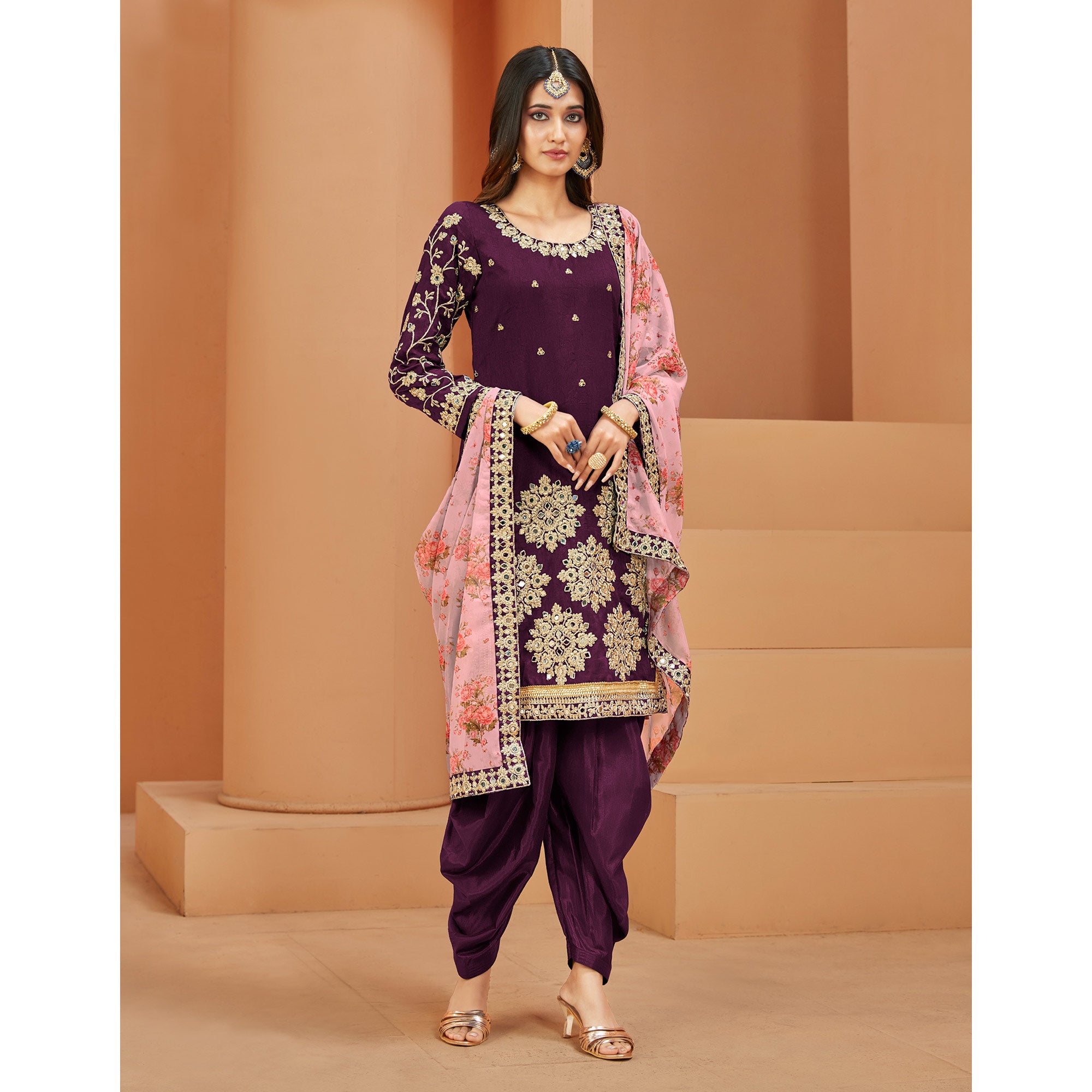 Purple Floral Embroidered Art Silk Semi Stitched Patiala Suit