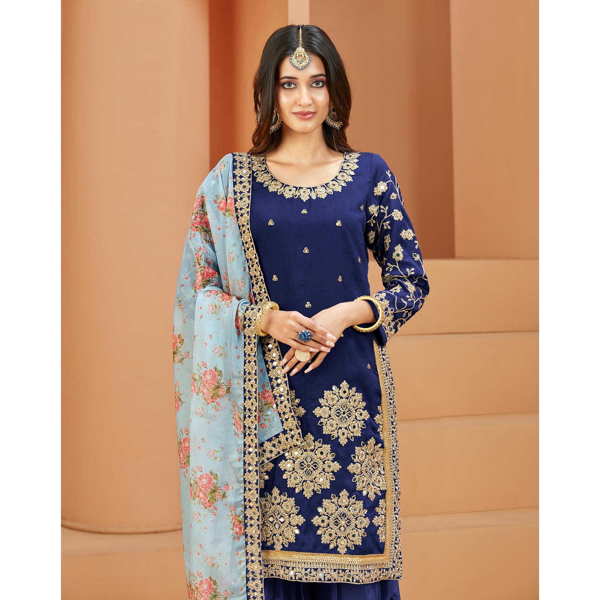 Blue Floral Embroidered Art Silk Semi Stitched Patiala Suit