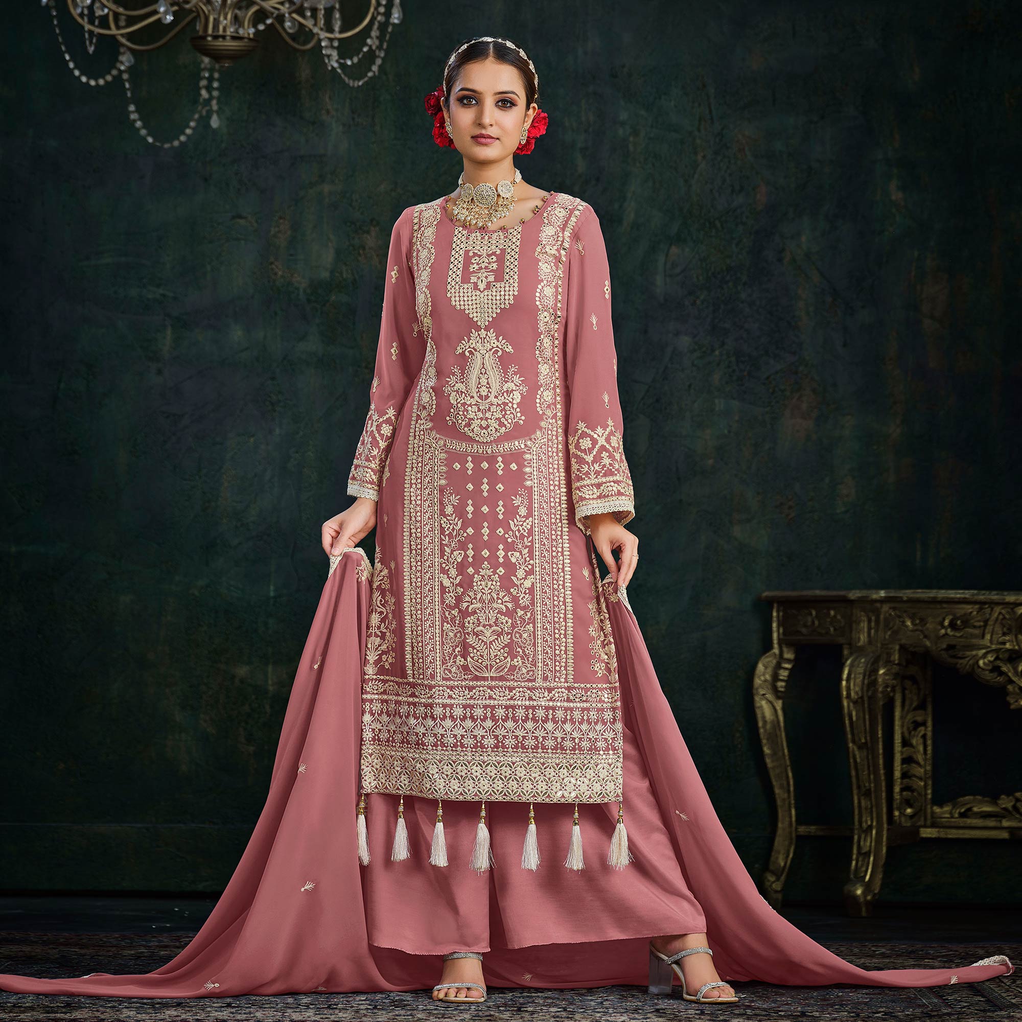 Pink Floral Embroidered Georgette Semi Stitched Palazzo Suit