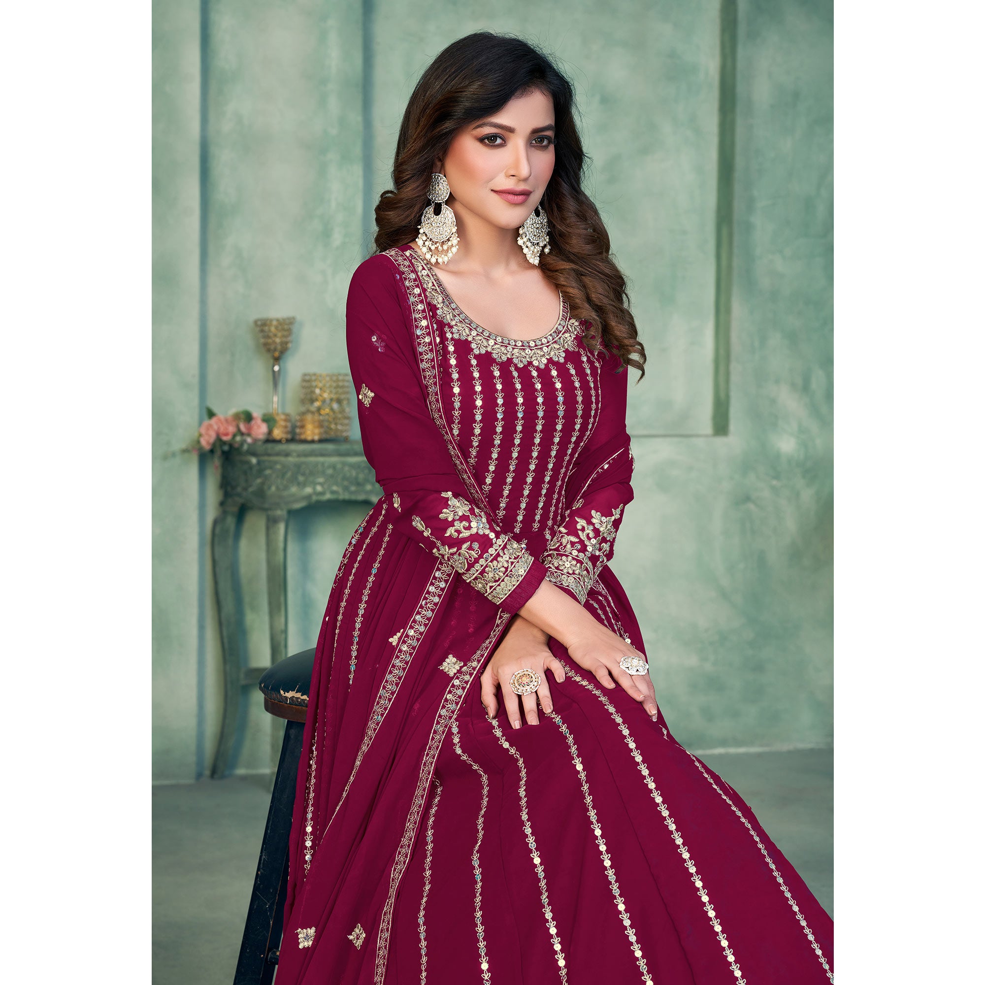 Pink Sequins Embroidered Georgette Semi Stitched Anarkali Suit