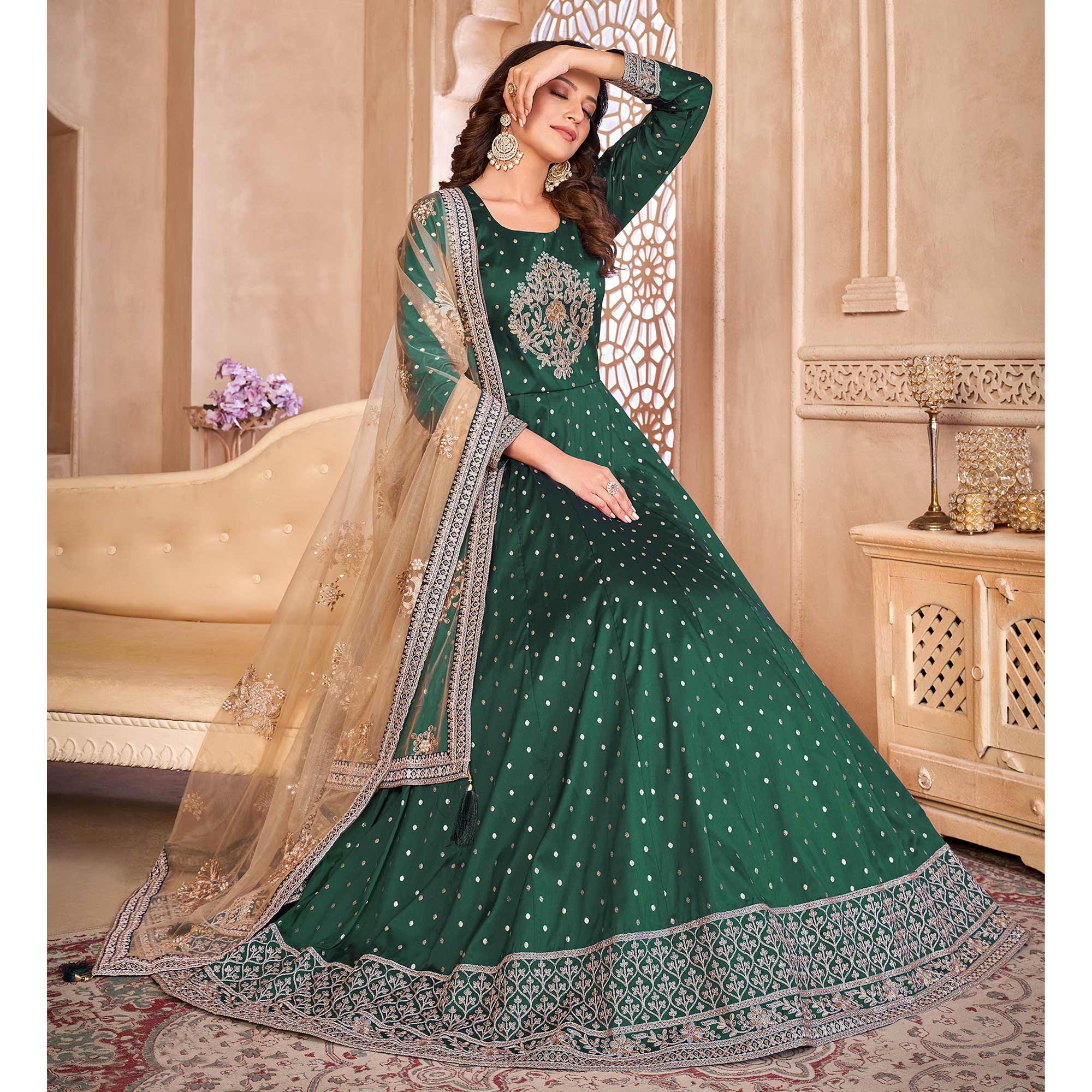 Green Floral Embroidered Tapetta Silk Semi Stitched Anarkali Suit