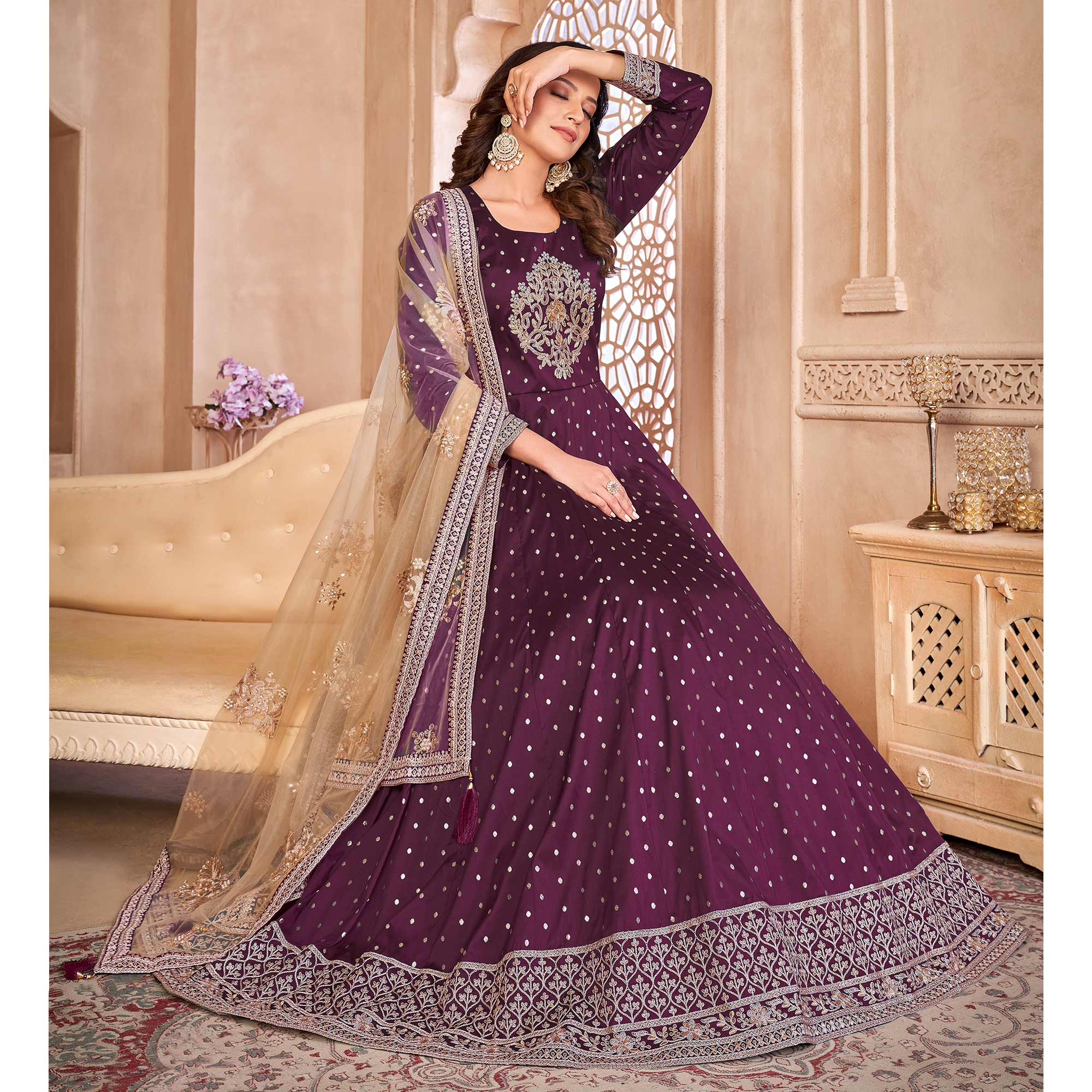 Purple Floral Embroidered Tapetta Silk Semi Stitched Anarkali Suit